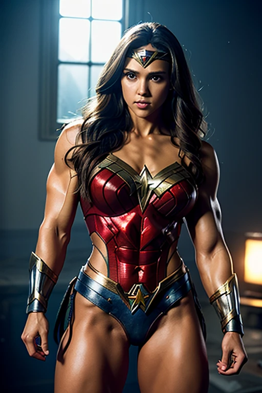 Scene from Movie, Jessica Alba is Wonder Woman from DC Close-Up, extremely muscular, bodybuilder veins, striated pecs, shredded abs, heavily muscular legs, prominent arm veins, Distorted Space, Distorted Undead in the Background, Lens Flares, Light Shafts, Intricate Details, High Detailed, Volumetric Lighting, 4k Rendering, Stock Photo, Hyper-Realistic, Realistic Textures, Dramatic Lighting, Unreal Engine
