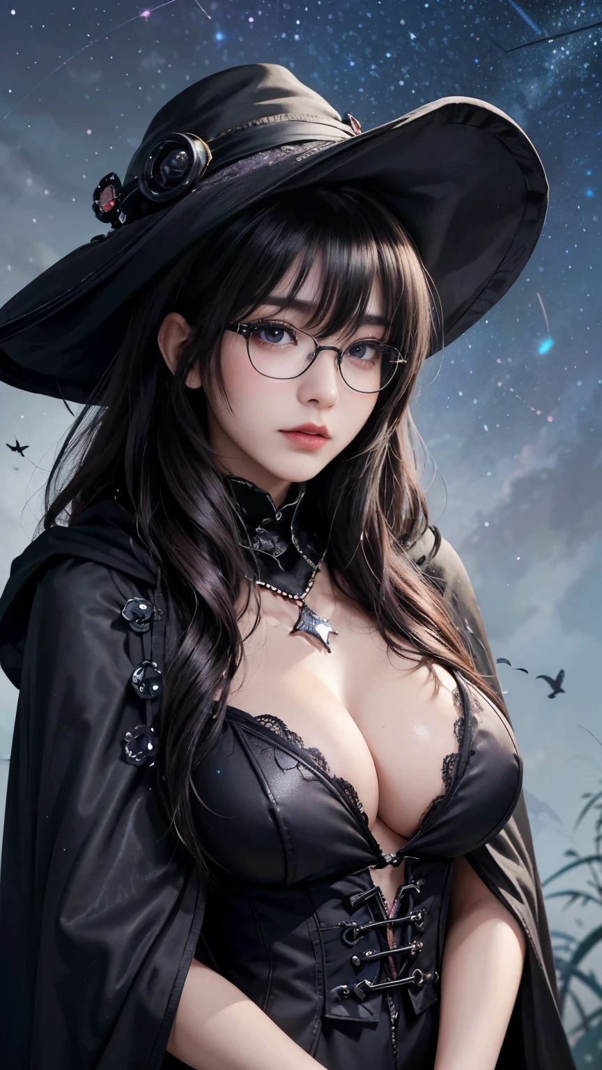 (Fatal Beauty,A charming villain,witch) ,(A supple and powerful physique),(Sensual charm),(Mysterious charm:1.1),(Captivating silhouette),((((Glasses))))、((((big sapphire necklace))))、(highest quality,High resolution:1.2),(dark,Threatening:1.1),((dark horror theme:1.5),(Thriller:1.5)),(Dark fantasy:1.5), (((Countless stars fly away:1.5),(Absurd:1.5),(wonderful:1.5))),Woman in a dress, (Powerful numbers:1.1),(((Big Breasts))),(((Muscular:1.1))), cute face, Sexy Face, , Very detailedなbeautiful女の子, (Ideal body type:1.8), Very detailed faceexpressive lips, (とてもbeautiful、Crisp big eyes:1.5), Fine skin., All features are shown in detail., The outline of the fingers is beautifully drawn....., The nose is precisely shaped., expressive lips, Perfect Anatomy,cute、Realistic、(Front view:1.4),(Face Focus:1.3), realistic girl rendering, 8k artistic german bokeh, Enchanting girl, Real Girls, Gurwitz, Gurwitz-style artwork, Girl Roleplay, Realistic 3D style, cgstation Popular Topics, 8K Portrait Rendering,(truth,truth:1.4),Sexy Body,( Very lean body:1.6),Sexy pose, blush, Attractive body, Very curly hair, Purple Curly Hair, very big hair, Very curly hair, prime color,Urban,Very detailed,masterpiece,Intricate details,Faded,Very detailed, Eye for details,Intricate details,暗くてSpooky atmosphere, Spiritual Beings, Unforgettably beautiful, Ghostly figures, Shadow-like shape, Spooky whispers, Ominous Aura, Goth Maiden, Like dazzling fur in a starless haze,Her Mogul Snaps, Mysterious Cemetery,Black hair swaying in the moonlight, She summons darkness, (beautiful: 1.7), (Black Hat: 1.6), (An intricately decorated jet-black cloak: 1.6), (Delicately decorated cloak, Despite the damage: 1.5), Hypermaximalist, Breathtaking oil paintings, Surreal, Ultra-realistic digital illustrations that mimic the style of oil paintings, wonderful構成, (Shining Eyes:1.6)、(Glowing Eyes:1.1),(hellish landscape:1.1),(fire,sulfur:1.1),(Threatening atmosphere:1.1),(dark shadows,Threatening presence:1.1),(Unlucky Clouds,Stormy Skies:1.1),(dark,Spooky atmosphere:1.1),(Aura of misfortune,Evil energy:1.1),(dark aura,cigarette:1.1),(Extreme heat,Burning Flames:1.1),(Nightmare Visions:1.1),(Predicting the end:1.1),(Whispers of misfortune,Devilish Laugh:1.1),(Cry of pain,echoing screams:1.1),(Bad luck symbol,Ancient runes:1.1),(Mysterious Relic,dark art ifacts:1.1),(Infernal Ritual,Ritual sacrifice:1.1),(Eternal Ruin,A hopeless existence:1.1), Inspired by abandoned mech backgrounds. Art created by Craig Mullins, Necrostyle., Detailed Description, Futuristic sci-fi scene. Focus on SFCon
