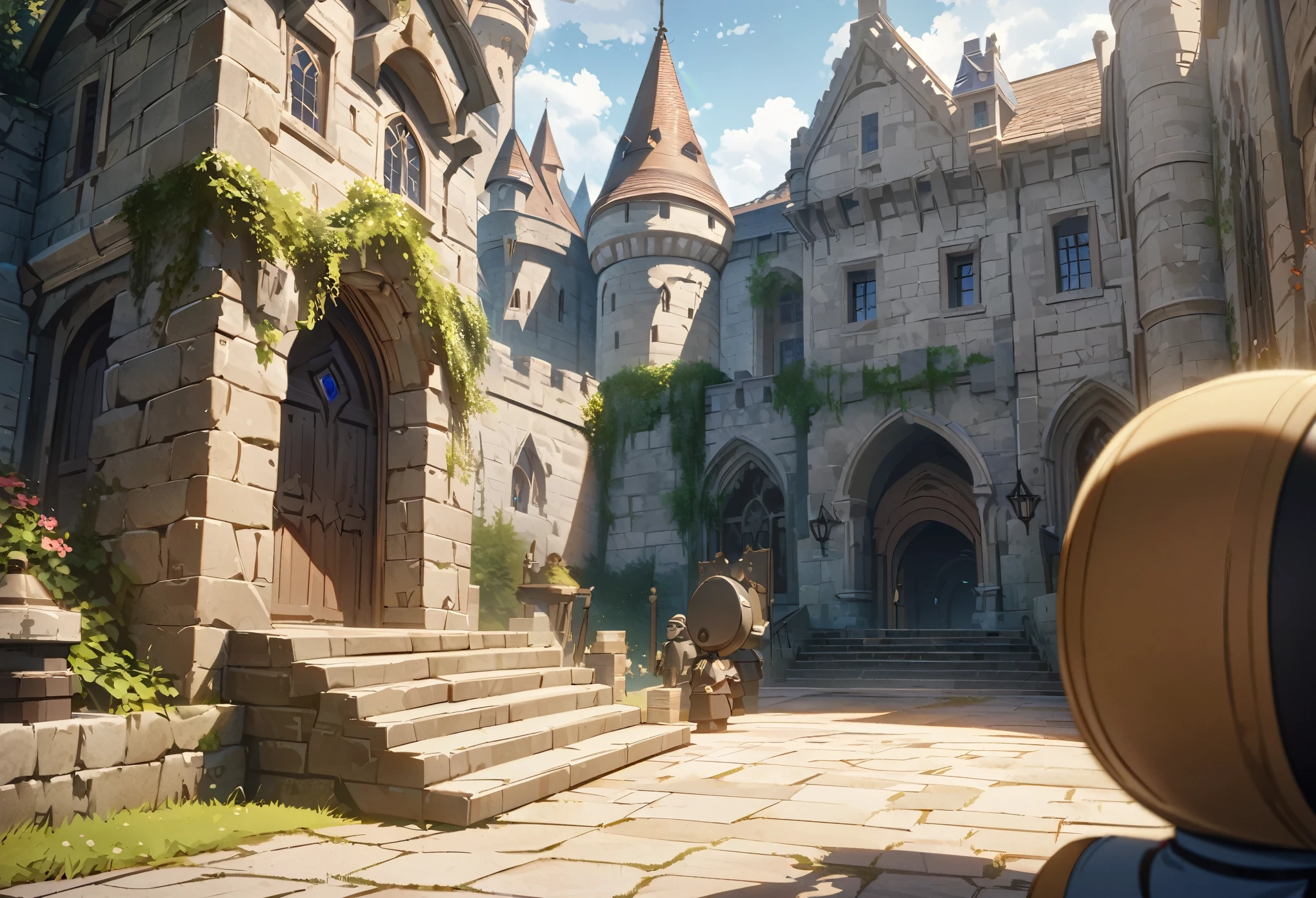 Anime aesthetics, training grounds inside of a medival castle, anime castle, perfect quality, tagets, target dummies, knight training on the background, daytime, bright day, atmospheric perspective, perspective, close-up, 4K, best quality, highres, award winning, high quality, high details, accurate, UHD, masterpiece