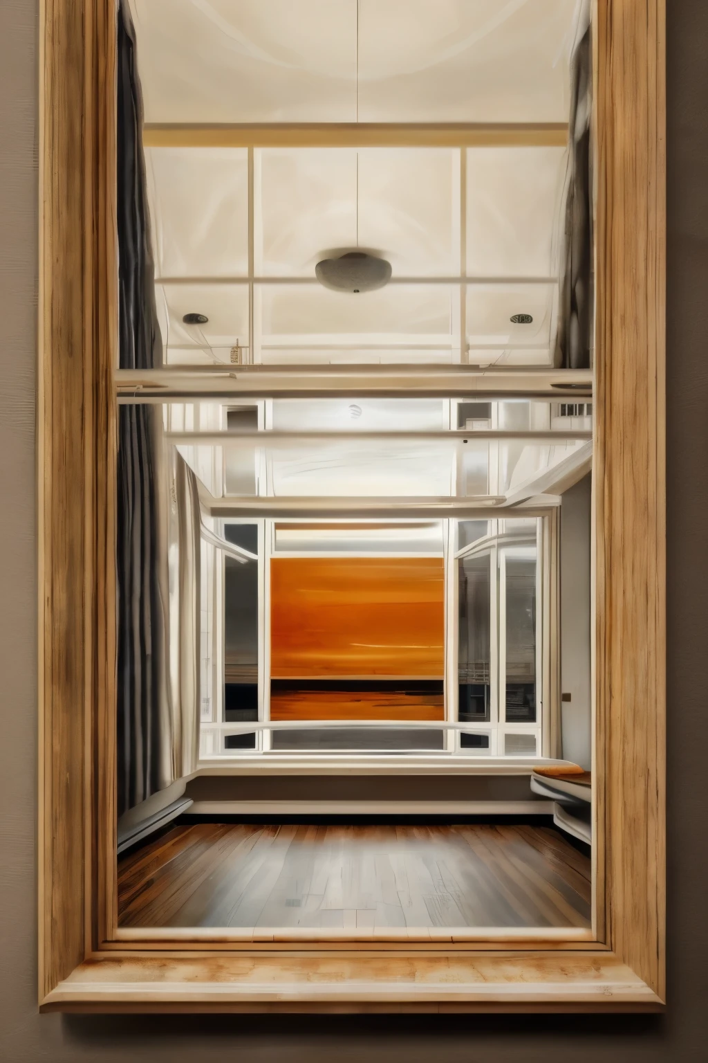 impressionist minimalist painting of a an empty room with dark orange walls and soil, on the back wall, there is a large window with thin grey curtain letting a soft light enter, the light is reflected in a big mirror without frame on the right, the room is so obscure that it's hard to see details. The light is softly glowing