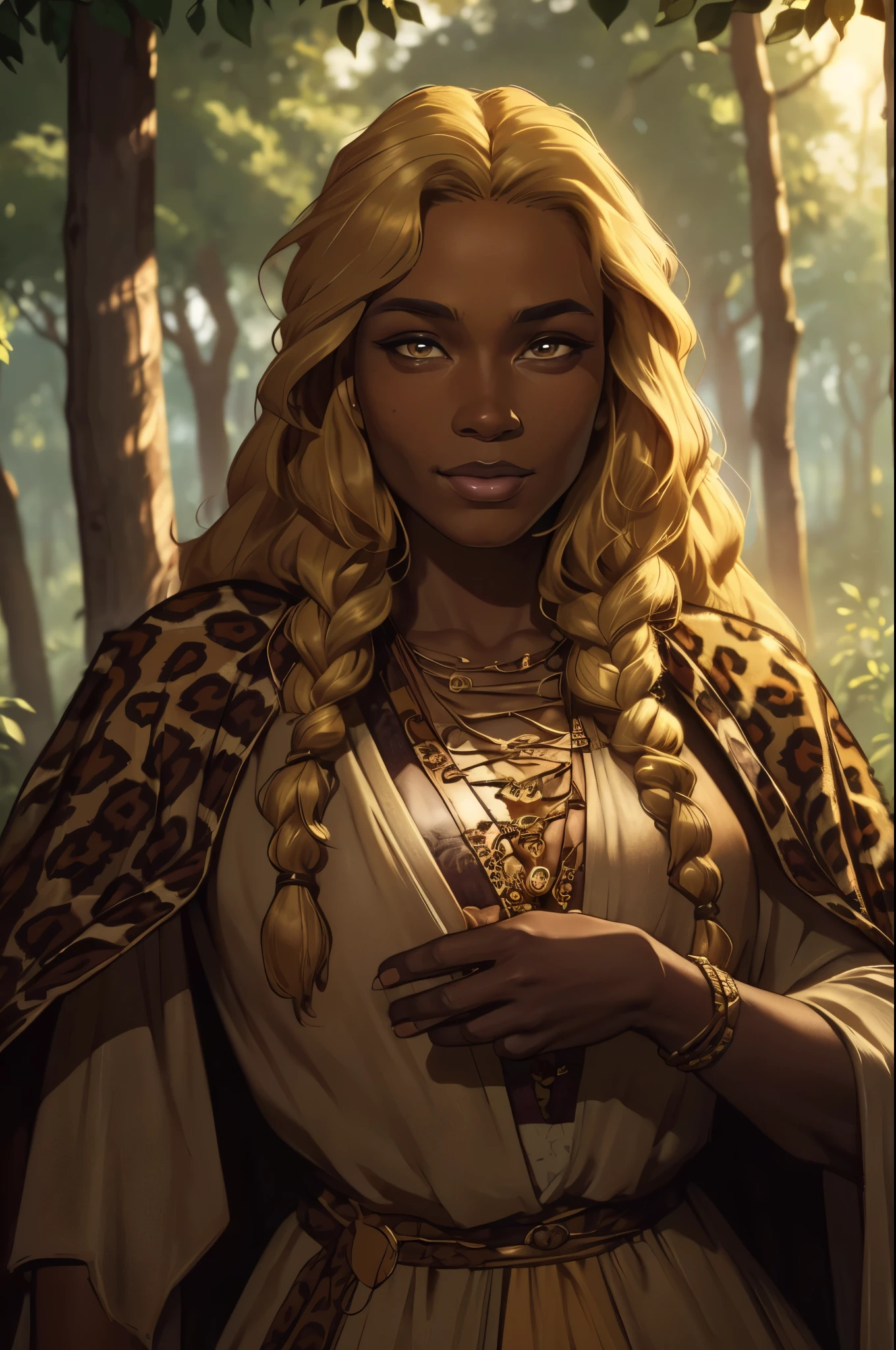 40yo, afro woman, dark-skinned, barbarian:1.1, medieval cloths ((revealing leopard cloths)), coat jacket, big chest, happy, walking, village, farm, forest, ((blond hair, long hair)), | (8k, RAW photo, best quality, masterpiece:1.2), ultra-detailed, (high detailed skin:1.2), 8k uhd, dslr, soft lighting, high quality, ((upper body)), (centered:1.2), ((LOOKING at the VIEWER)), asura, film grain, highly detailed shading, ((perfect_hands):1), Goodhands-beta2,