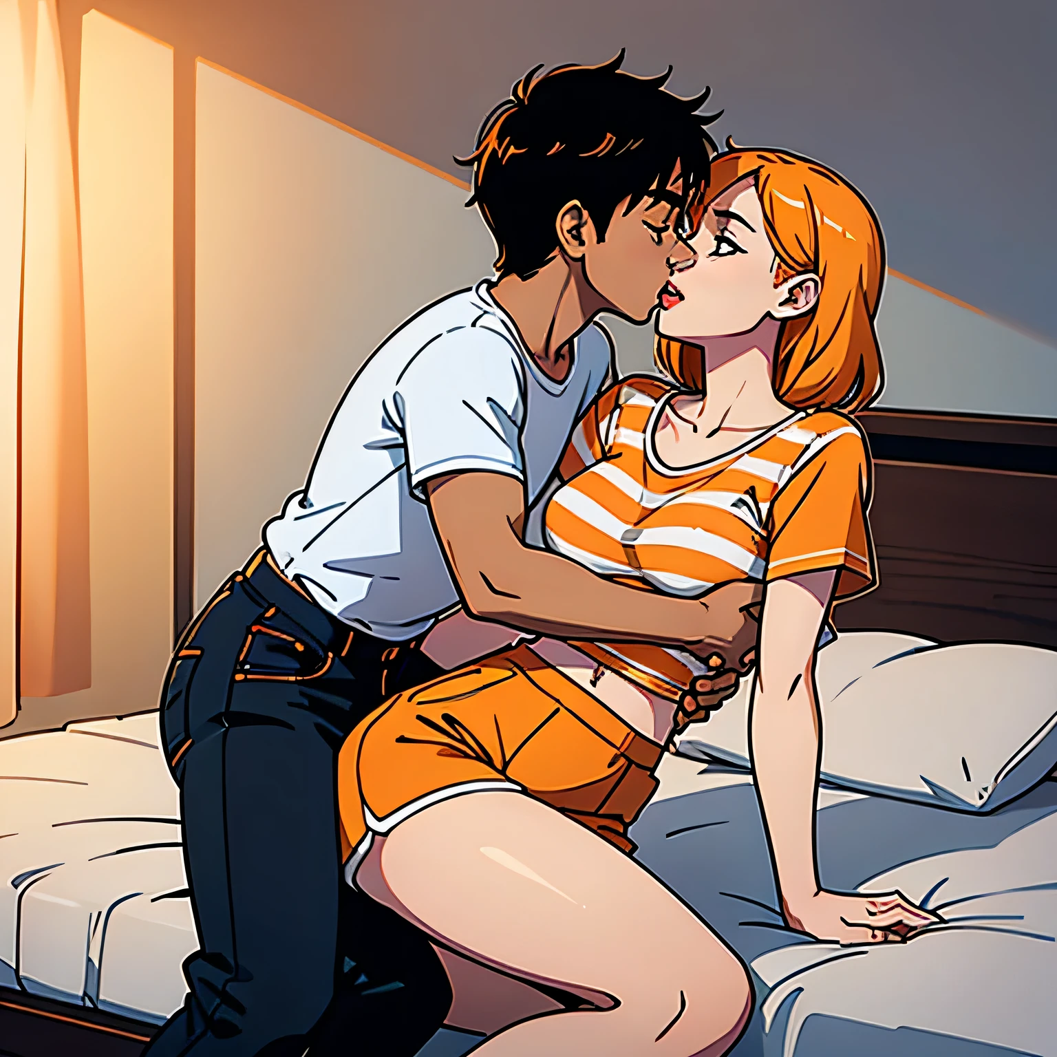 Amazing portrait of a young woman wearing white and orange striped t shirt and orange shorts and young boy wearing a navy blue t shirt and black shorts sitting on a bed together and kissing and making out passionately in a sexy and hot and lustful setting