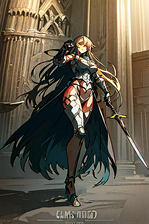 A woman with long, flowing blonde hair and piercing red eyes, dressed in ornate white paladin armor adorned with intricate engravings and a crusader outfit. She holds a massive sword, larger than her body, resembling the sword of Guts from Berserk, with intricate golden details. Her eyes are described as demon eyes, detailed eyes, and super detailed eyes. She is in an action pose, ready for battle. From the middle of her armor's belly, a square piece of fabric flows, covering her groin and extending to her knees, but still revealing her legs. The background features a dark, foreboding landscape with gothic architecture and elements of Gregorian and Dark Souls style. Shadows and light interplay to highlight the intricate details of her armor and the texture of her sword, emphasizing the gothic art elements