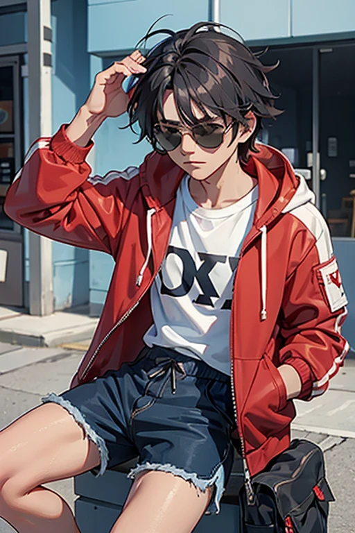 boy with black sunglasses messy hair blue shorts white shirt and red jacket