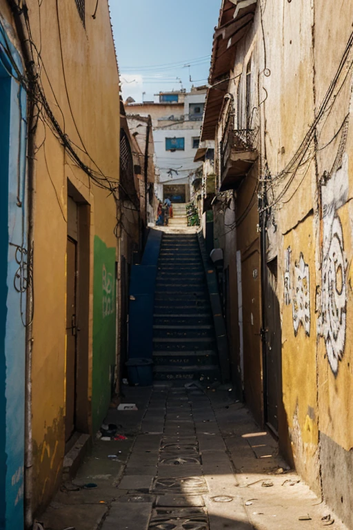 I seek an image that depicts a powerful message, meticulously crafted in the urban fonts of a favela, featuring the letters "M.What." The walls are adorned with a mural of vibrant colors and intricate details, embodying the resilience and spirit of the community. The letters, standing boldly against the backdrop, symbolize the interconnectedness and unity of the favela residents, radiating hope amidst the challenges they face each day. As the sunlight streams through the narrow alleyways, the image is bathed in a warm, golden glow, enhancing its vibrancy and captivating the viewer's attention. This masterful creation, with its