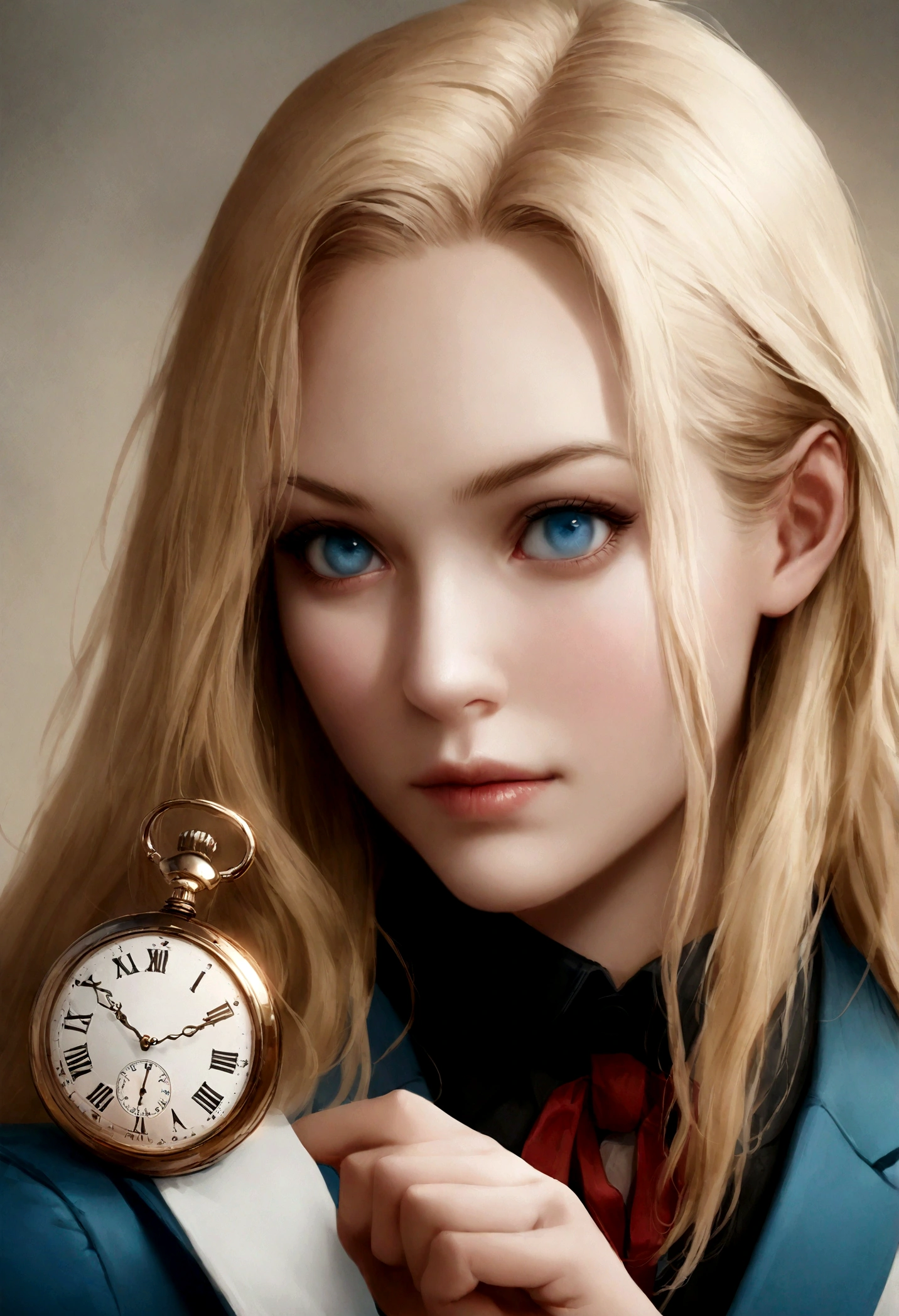 Girl blond and your blue eyes, Alice in Wonderland, the white rabbit with a suit and a pocket watch realistic