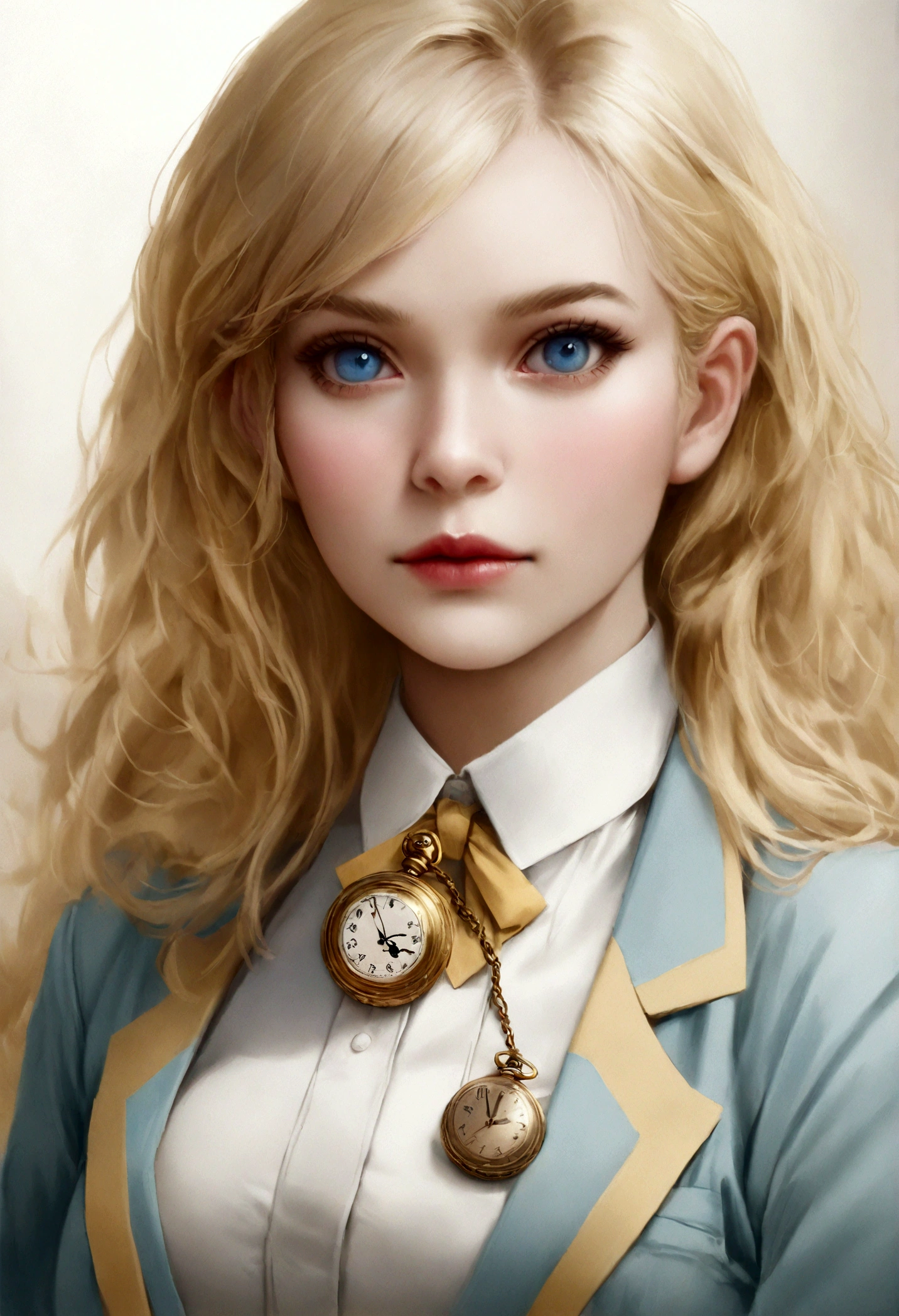 Girl blond and your blue eyes, Alice in Wonderland, the white rabbit with a suit and a pocket watch realistic