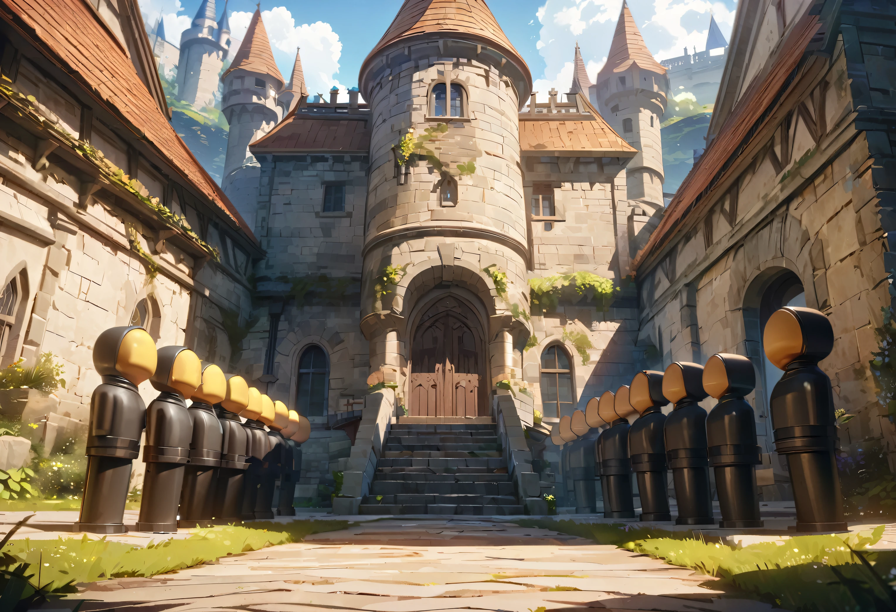 Anime aesthetics, training grounds inside of a medival castle, anime castle, perfect quality, tagets, target dummies, knight training on the background, daytime, bright day, atmospheric perspective, perspective, close-up, 4K, best quality, highres, award winning, high quality, high details, accurate, UHD, masterpiece