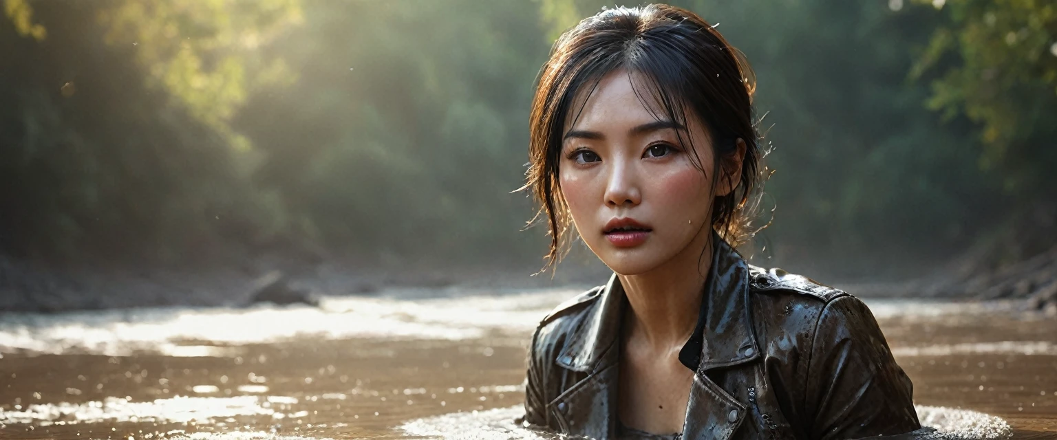 beautiful detailed eyes, beautiful detailed lips, extremely detailed eyes and face, longeyelashes, asian woman, woman head drowned in muddy hole, from far view, orgasm, loosing control, faded leather jacket, (best quality,4k,8k,highres,masterpiece:1.2),ultra-detailed,(realistic,photorealistic,photo-realistic:1.37),HDR,UHD,studio lighting,ultra-fine painting,sharp focus,physically-based rendering,extreme detail description,professional,vivid colors,bokeh,dark mood,dramatic lighting,chiaroscuro,moody