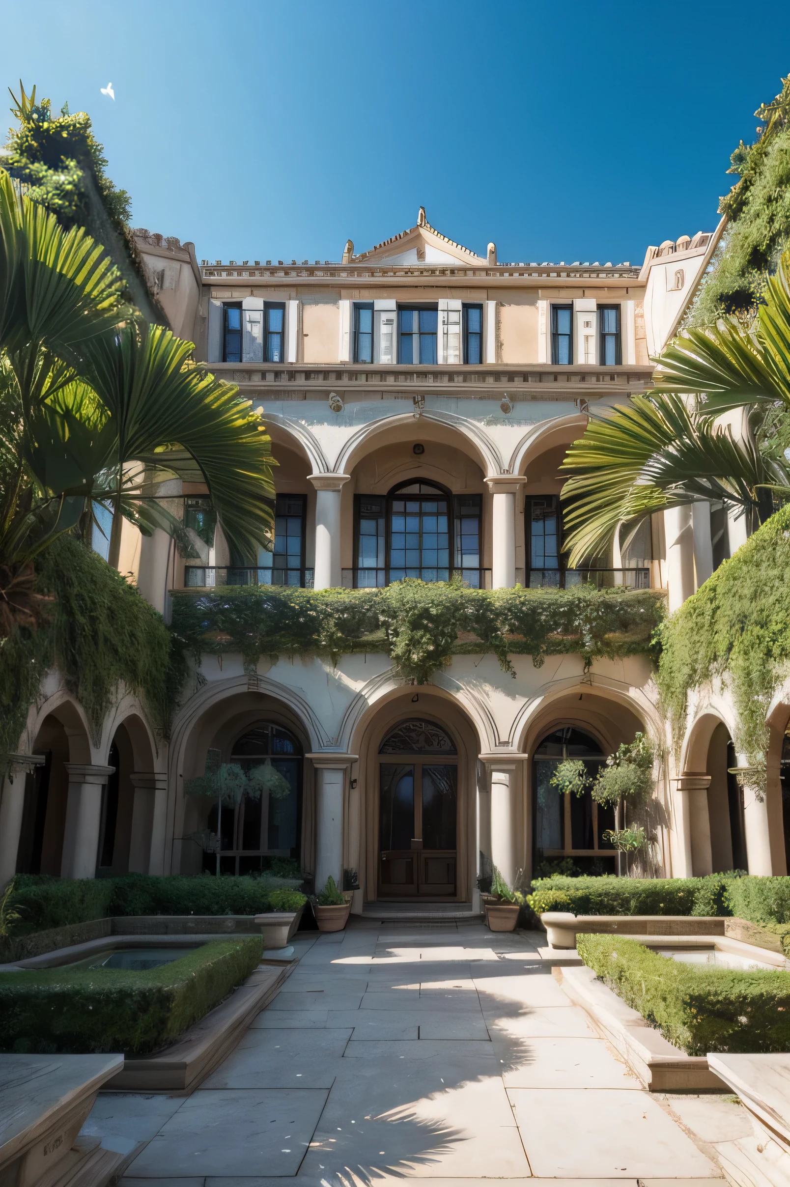 A mega mansion with big windows and a garden with many palm plants
