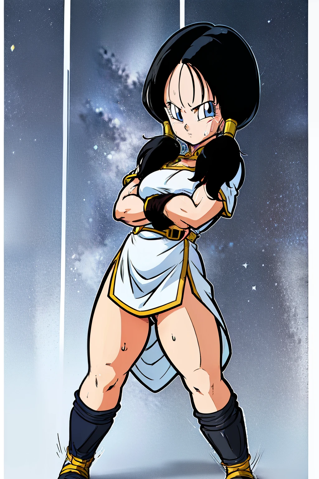 (high resolution, pixel perfect, gorgeous illustrations), (hyper quality, muste piece, etheric: 1.4), ((1girl, solo)), ((videl)), full body, ((stand,open legs)), (((muscular))), fighter, cool atmosphere, Twintails with black hair, ((Exquisite face)), ((((wh_chi_armor)))), ((china dress)), ((cameltoe)), shiny skin, gleaming skin, sweat, simple background, style_parody, anime_coloring,