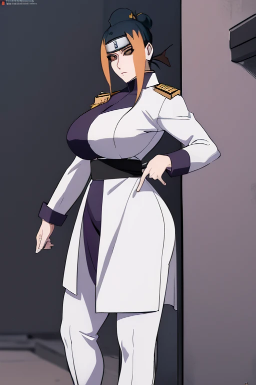 Pakura, ((masterpiece)), ((best quality)), (white long coat), coat on shoulders,white navy soldier uniform ,(epaulettes), purple shirt, blue pants, upper body, looking at viewer, large breasts ,(hd), (full body shot), (high resolution)