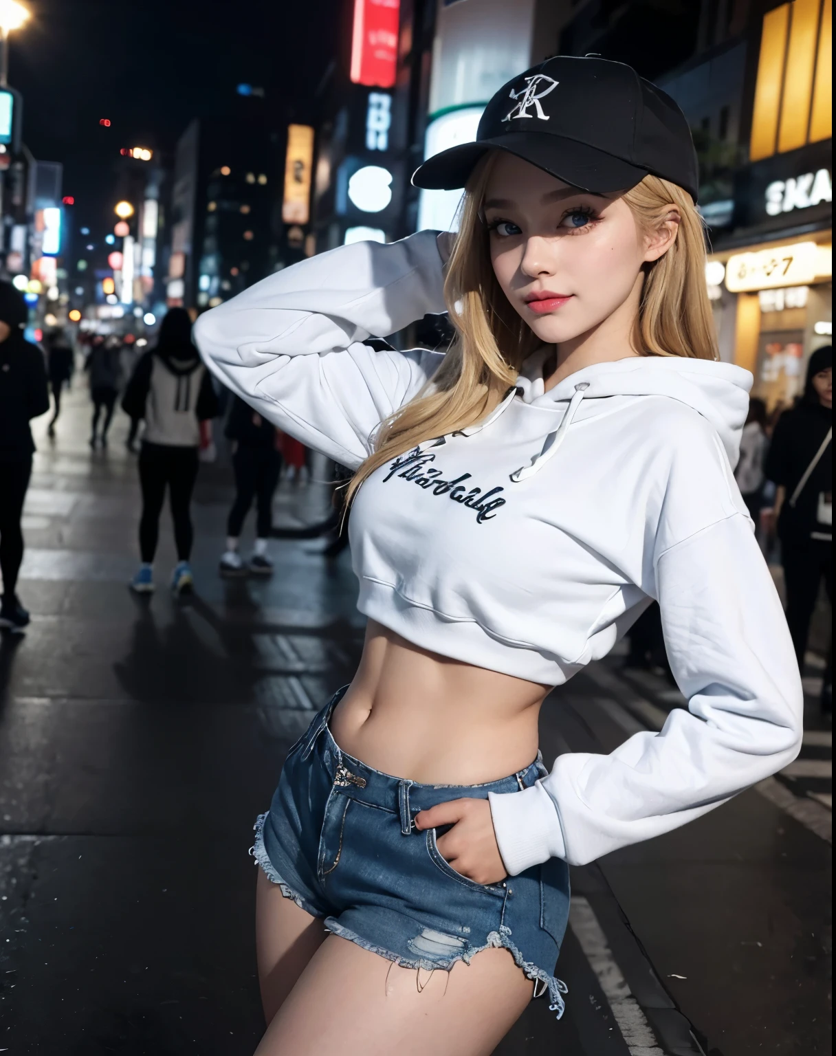1girl, (Blue Eyes), (smiling), (beautiful makeup), (wide hips), Big tits, (big ass), (Best Quality, 8k, Masterpiece: 1.3), Clear Focus: 1.2, Perfect Body Beauty: 1.4, strong abs, Highly detailed face and skin texture, detailed eyes, double eyelids, (blonde long hair :1.2), (sporty hoodie and shorts :1.2), sneakers, black baseball cap, standing, dynamic pose, in the shibuya neighborhood at night, tokyo japan
