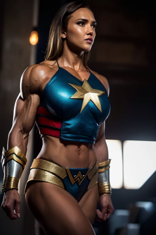 Scene from Movie, Jessica Alba is Wonder Woman from DC Close-Up, extremely muscular, bodybuilder veins, striated pecs, shredded abs, heavily muscular legs, prominent arm veins, Distorted Space, Distorted Undead in the Background, Lens Flares, Light Shafts, Intricate Details, High Detailed, Volumetric Lighting, 4k Rendering, Stock Photo, Hyper-Realistic, Realistic Textures, Dramatic Lighting, Unreal Engine