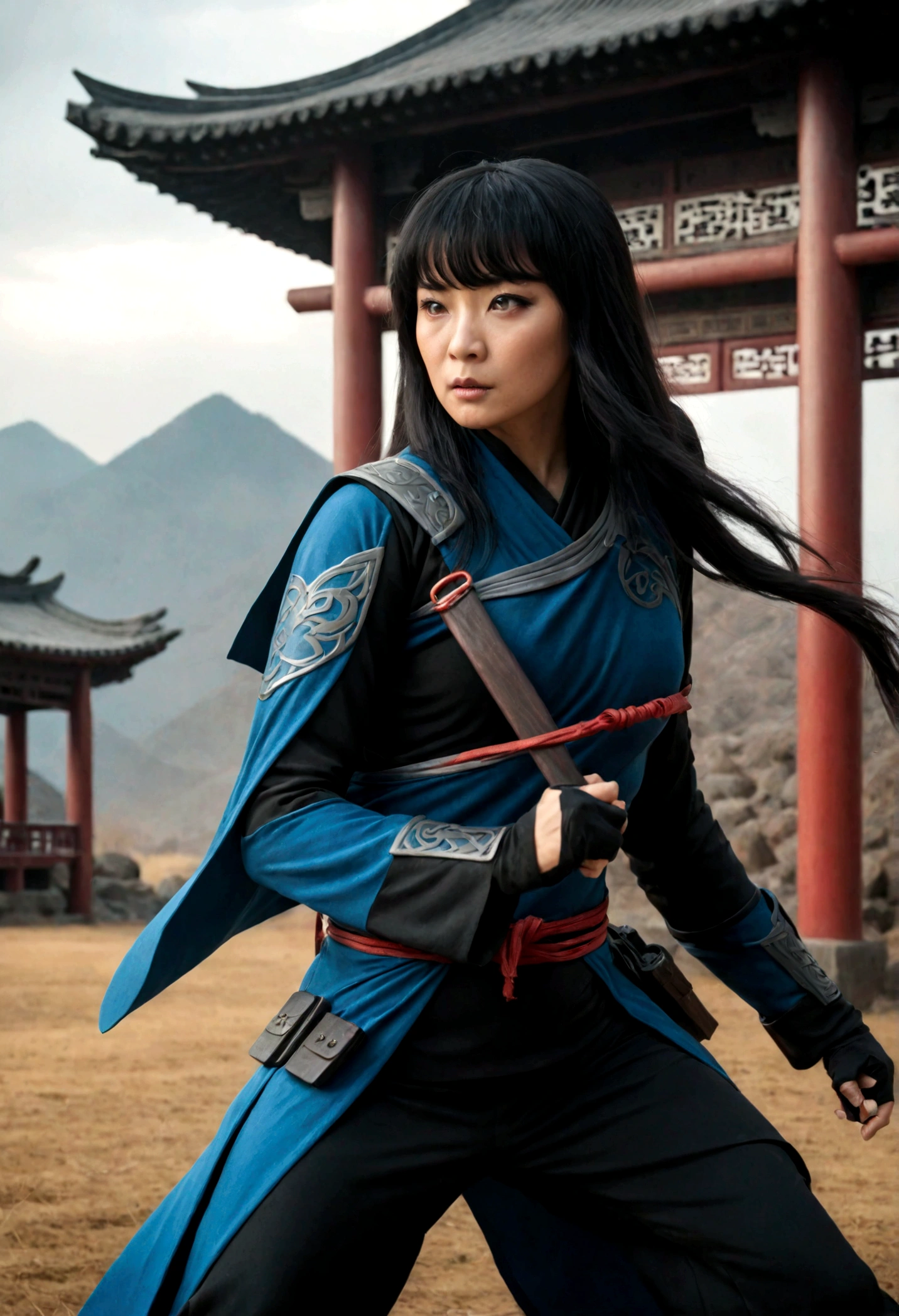 superhero, modern superhero costume, Ninja, with jing, Beautiful Chinese woman, Chinese woman with bangs, courageous character, Kind, Brave, on the battlefield