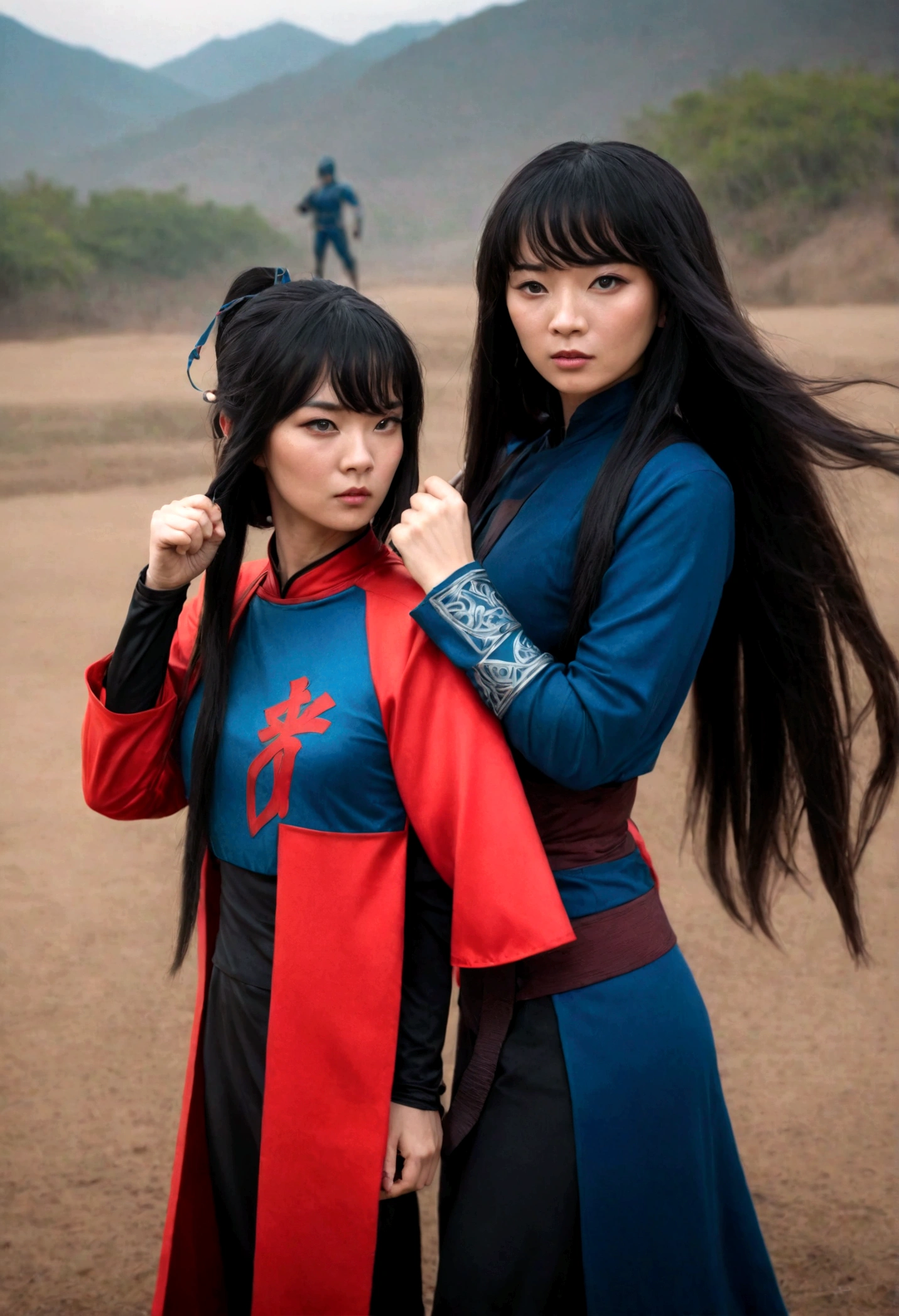 superhero, modern superhero costume, Ninja, with jing, Beautiful Chinese woman, Chinese woman with bangs, courageous character, Kind, Brave, on the battlefield