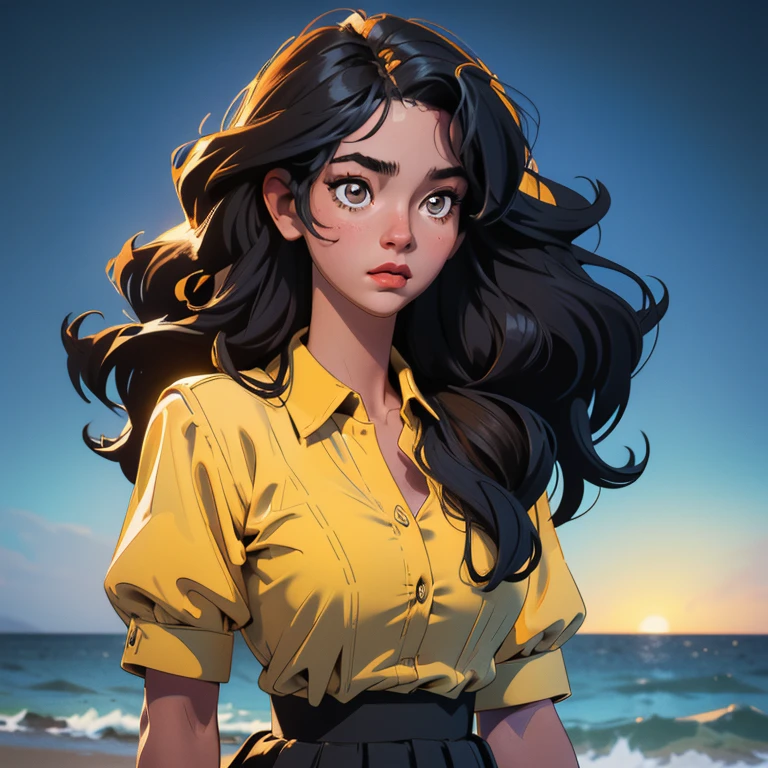 Ultra-realistic, 4k, professional photo, 22 year old girl, black girl, big curly hair, HDR, detailed face, medium body, yellow skirt with flower, (open unbuttoned blue shirt), Masterpiece, (lighting), (1solo), beach background, realistic background, realistic photo, topless