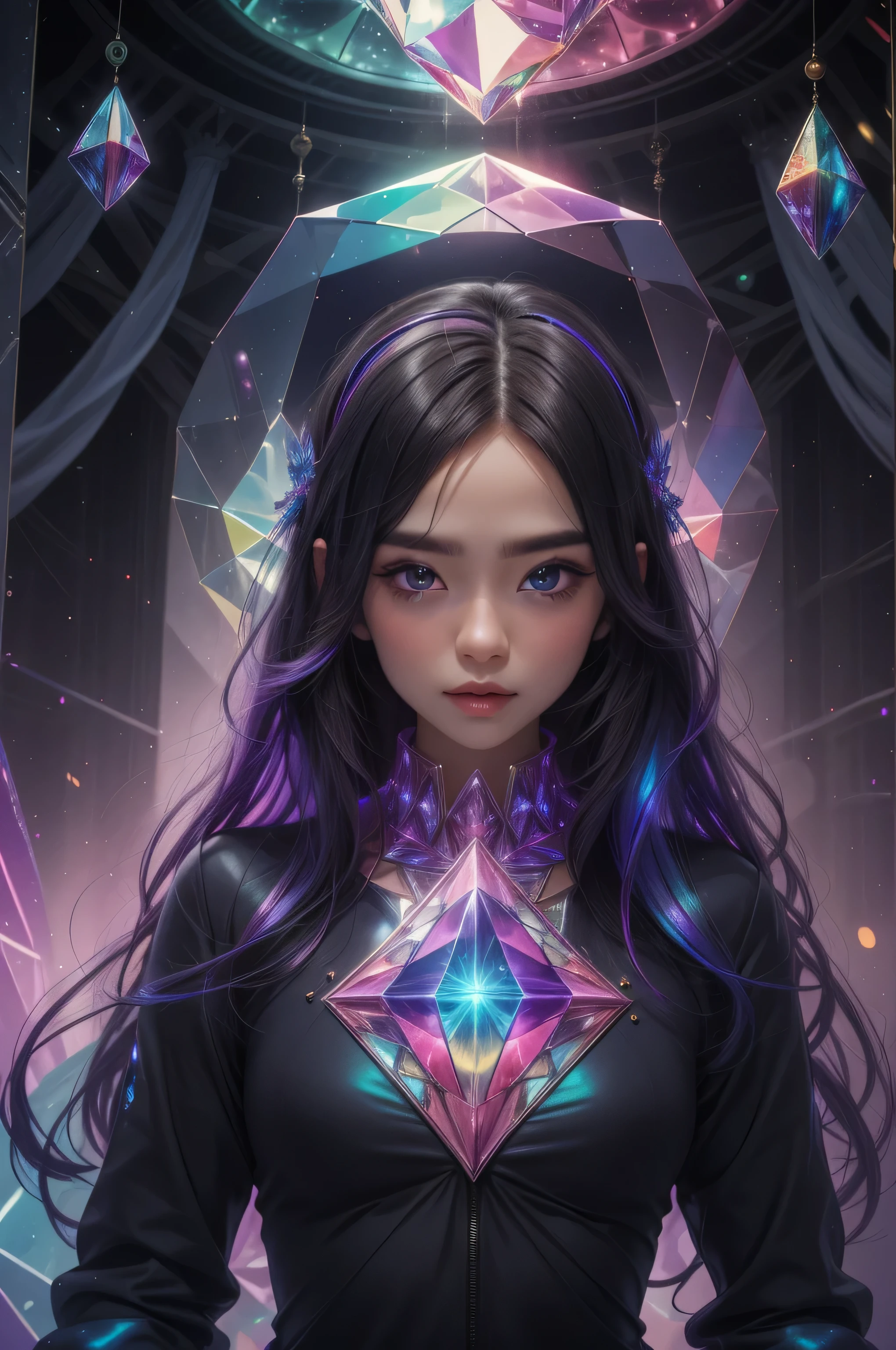 (masterpiece, top quality, best quality, official art, beautiful and aesthetic:1.2),(radial composition:1.2),(1 girl:1.2),upper body,a nun wearing a transparent hood rebe made of azure crystal,crystalline leggings,magic ball,(crystal church interior),arch,colorful glass,mirror floor reflection,(iridescent,vivid fancy neon color),symmetrical ballance,glowing rainbow color long hair,fantasy,ethereal,epic,(fractal),