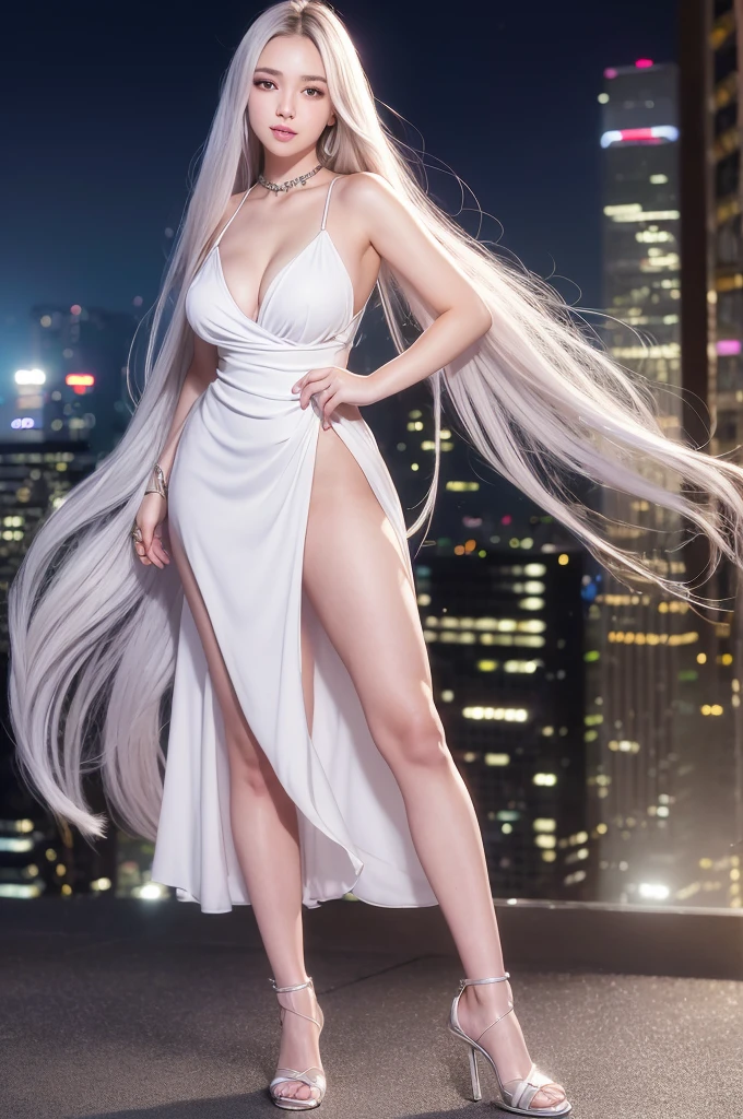 highest quality、8k Masterpiece、超A high resolution、(Photorealistic:1.3)、RAW Photos、1 girl、Silvery white super long hair、Glowing Skin、1. Super-beautiful Cyberpunk Soldiers、((Ultra-Realistic Details))、Portrait、Global Illumination、Shadow、Octane Rendering、8k、Super sharp、Beautiful breasts、Metal、Cold colors、、Very intricate details、Realistic Light、CGSoation Trend、Beautiful Eyes、Shining Eyes、To the camera、Neon Details、20age、Too beautiful face、Intelligence、Obscene、Sexy、Moe、smile、whole body、Healthy Body、Manhattan at night in the background、Helipad on a high-rise building、love、Long Hair、Charm、mischievous、More sexy、Hands on chest、Make your background more vibrant、White Party Dress、Future、Angle to toes、Whiter skin、White High Heels、Standing posture、More realistic facial features、smile、Retrospective、wide shot、full body、Silver charm on the ankle、More realistic Japanese faces、Long dress、Panoramic view of buildings