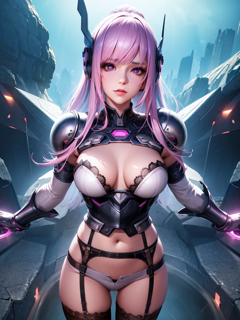 1girl, pretty girl, android girl, half metallic armor, half stockings and garter belt, bustier with lace bra, slim body, purple eyes, pink and white hair, extremely detailed face, perfect facial symmetry, perfect body, unknown planet, big spaceship, concept art, digital painting, cinematic lighting, dramatic shadows, vibrant colors, intricate details, hyperrealistic, (best quality,4k,8k,highres,masterpiece:1.2),ultra-detailed,(realistic,photorealistic,photo-realistic:1.37)
