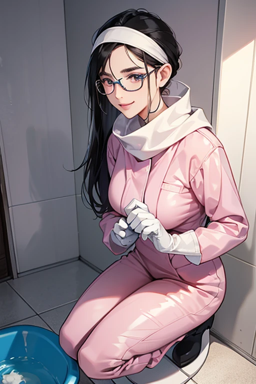 Wearing large pink rubber gloves, white rubber boots and a white cloth wrapped around her head、A mature woman with glasses and black hair in a blue long-sleeved jumpsuit cleaning a dirty public toilet with a mop and a gentle smile