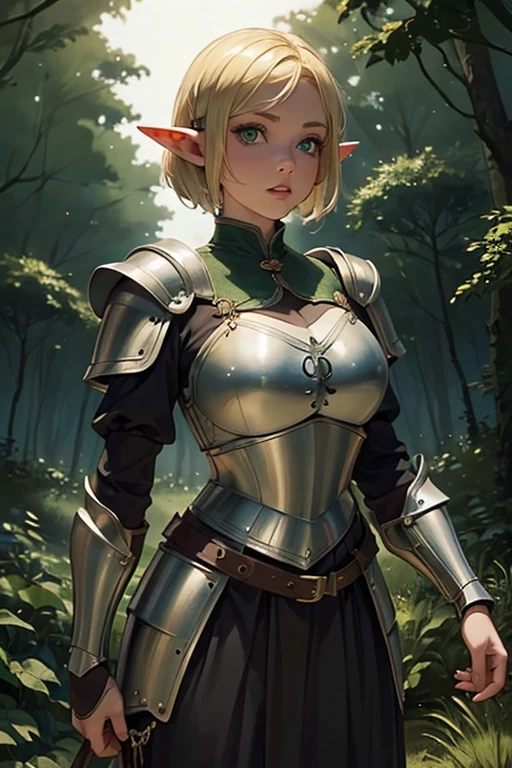 (1Girl, Elf, Short blonde hair, frenckles, beautiful, curvy, ((wearing medieval armor)), green eyes), (in a forest (at night, ((dim light))), (looking at pov))