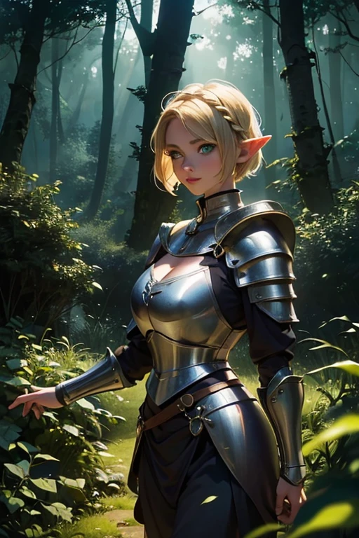 (1Girl, Elf, Short blonde hair, frenckles, beautiful, curvy, ((wearing medieval armor)), green eyes), (in a forest (at night, ((dim light))), (looking at pov))