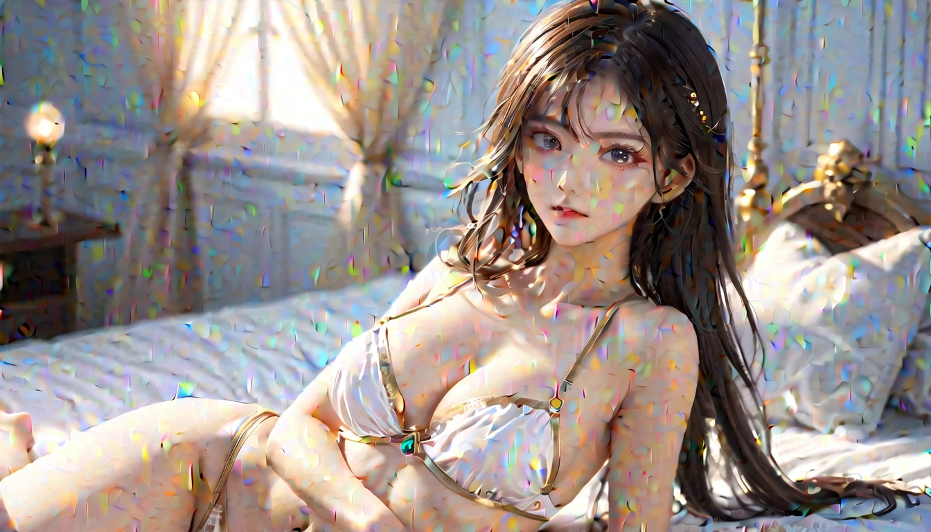 16k ultra-fine CG wallpaper, masterpiece, Excellent image quality, Ultra-delicate), (Excellent lighting, Delicate and beautiful), Really smooth skin, Bright face, 18K close-up perfect display, Change, Lovely, Girl wearing delicate hollow underwear, On the big white bed, Colorful jewel-like eyes.Posture,D cup breasts,Golden ratio figure,Perfect body, Ancient mysterious figure, mystical atlantean valkyrie, Mysterious Valkyrie