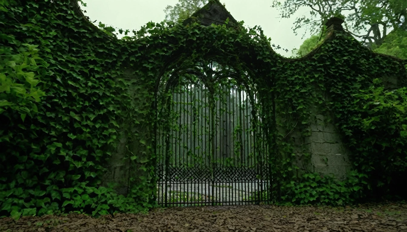 A low-angle shot of a rusty iron convent gate, overgrown with creeping vines. A woman's hand, possibly named Emily, reaches down to push the gate open with a loud creak.  As the gate swings open, reveal a wide shot of a towering convent in the background. The imposing structure is built of weathered stone, its walls covered in thick ivy.  Dark windows stare blankly outwards, hinting at the emptiness within. An overcast sky hangs heavy, casting muted light and rolling fog across the scene. The sound of crunching gravel accompanies Emily's footsteps as she enters the grounds. Distant cawing crows add to the eerie atmosphere.