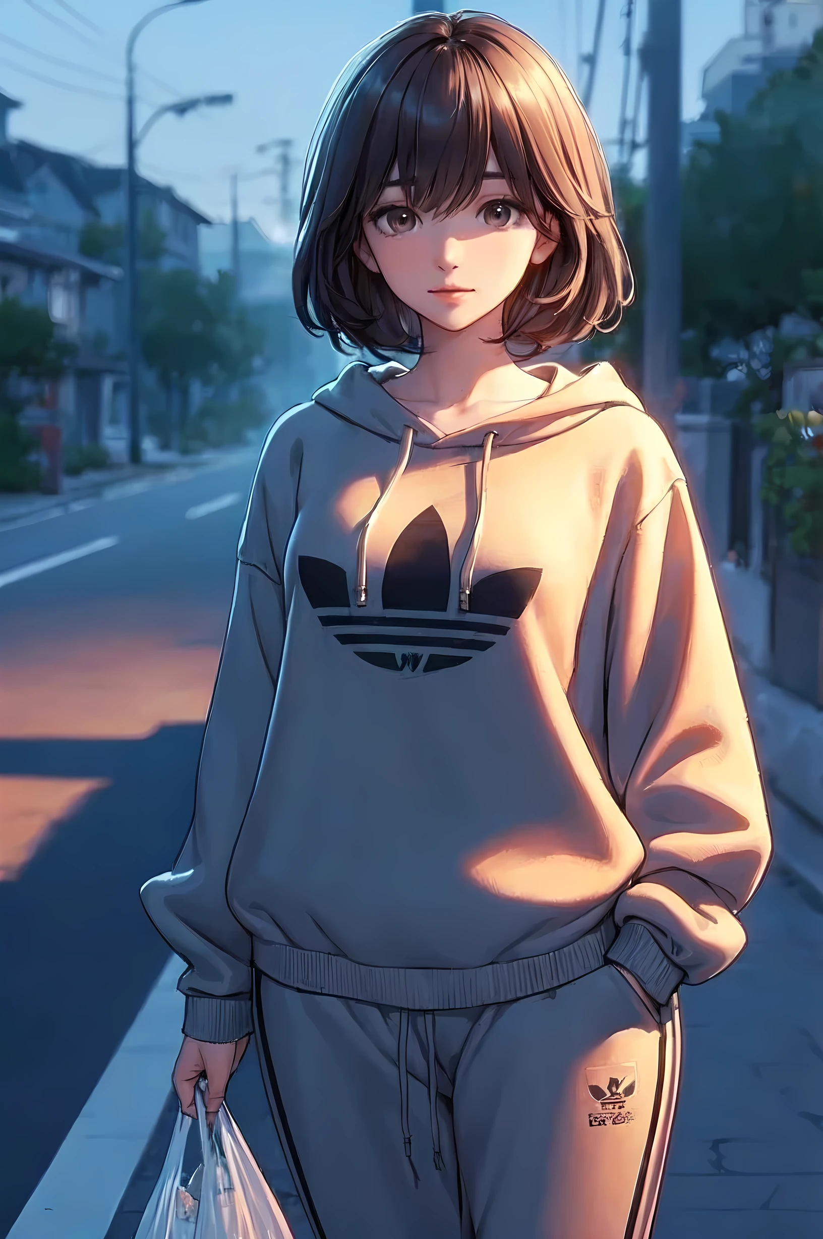 1lady solo, (walking slowly), (sweatshirt) (sweatpants), mature female, /(brown hair/) bangs, (light smile:0.8), (masterpiece best quality:1.2) delicate illustration ultra-detailed, large breasts, (holding small plastic bag) BREAK (quiet residential street) outdoors, at dusk, detailed background