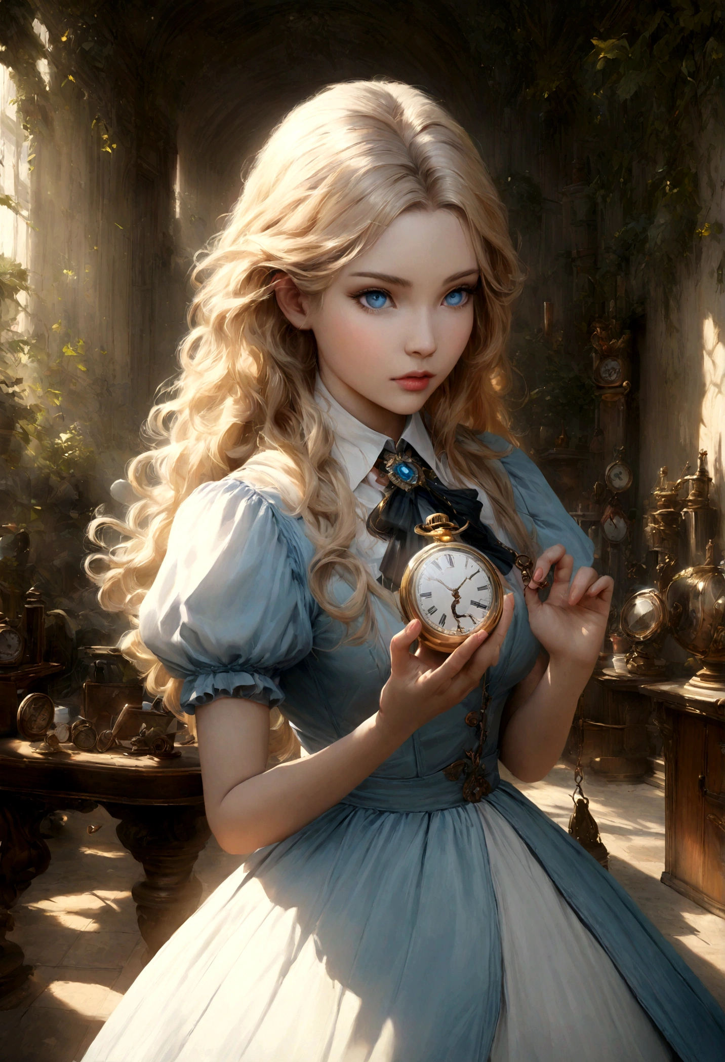 a beautiful young blond girl with incredibly detailed blue eyes, Alice in Wonderland, a realistic white rabbit wearing a suit and holding a pocket watch, detailed fantasy, intricate background, highly detailed, 4k, photorealistic, masterpiece, cinematic lighting, vivid colors, dramatic shadows and highlights, elegant and whimsical atmosphere