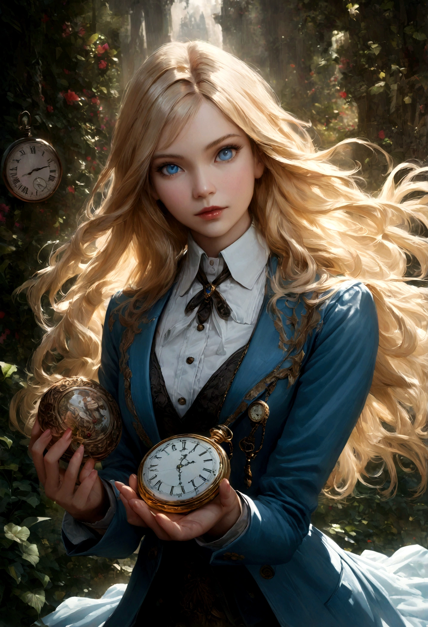 a beautiful young blond girl with incredibly detailed blue eyes, Alice in Wonderland, a realistic white rabbit wearing a suit and holding a pocket watch, detailed fantasy, intricate background, highly detailed, 4k, photorealistic, masterpiece, cinematic lighting, vivid colors, dramatic shadows and highlights, elegant and whimsical atmosphere