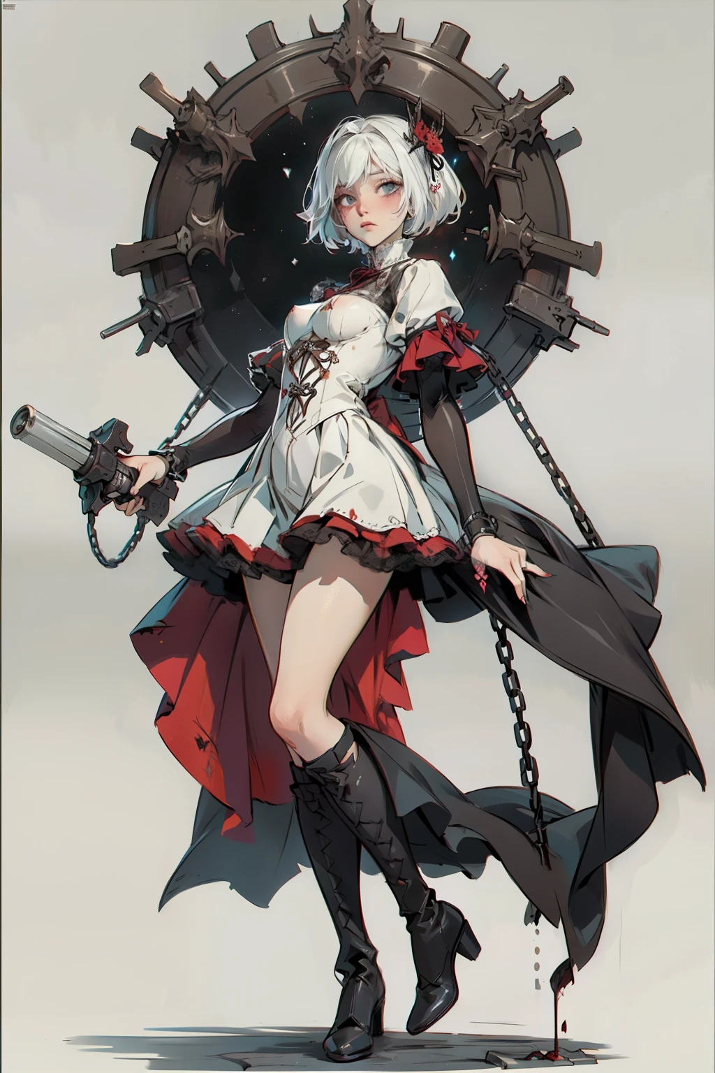 ((best quality)), ((masterpiece)), (detailed), a penitent female, blank white background, plain background, white background, red and white clothing, Bloodborne aesthetic, occult aesthetic, occult, occult paraphernalia, detailed and intricate steampunk and detailed gothic, NSFW, Very dramatic and cinematic lighting, cosmic horror, grim-dark, side-lighting, perfect face, NSFW, Fluttering lace flared dress with frilly petticoats, pleated petticoats, petticoats, complex lace boots, side-lighting, gothic aesthetic, chains, mechanical components, carbine, NSFW, beautiful small breasts, small breasts, full body, whole body, body, plain background, white background, blank background, no background, white background NSFW, full body, whole body, head-to-toe dynamic poses NSFW