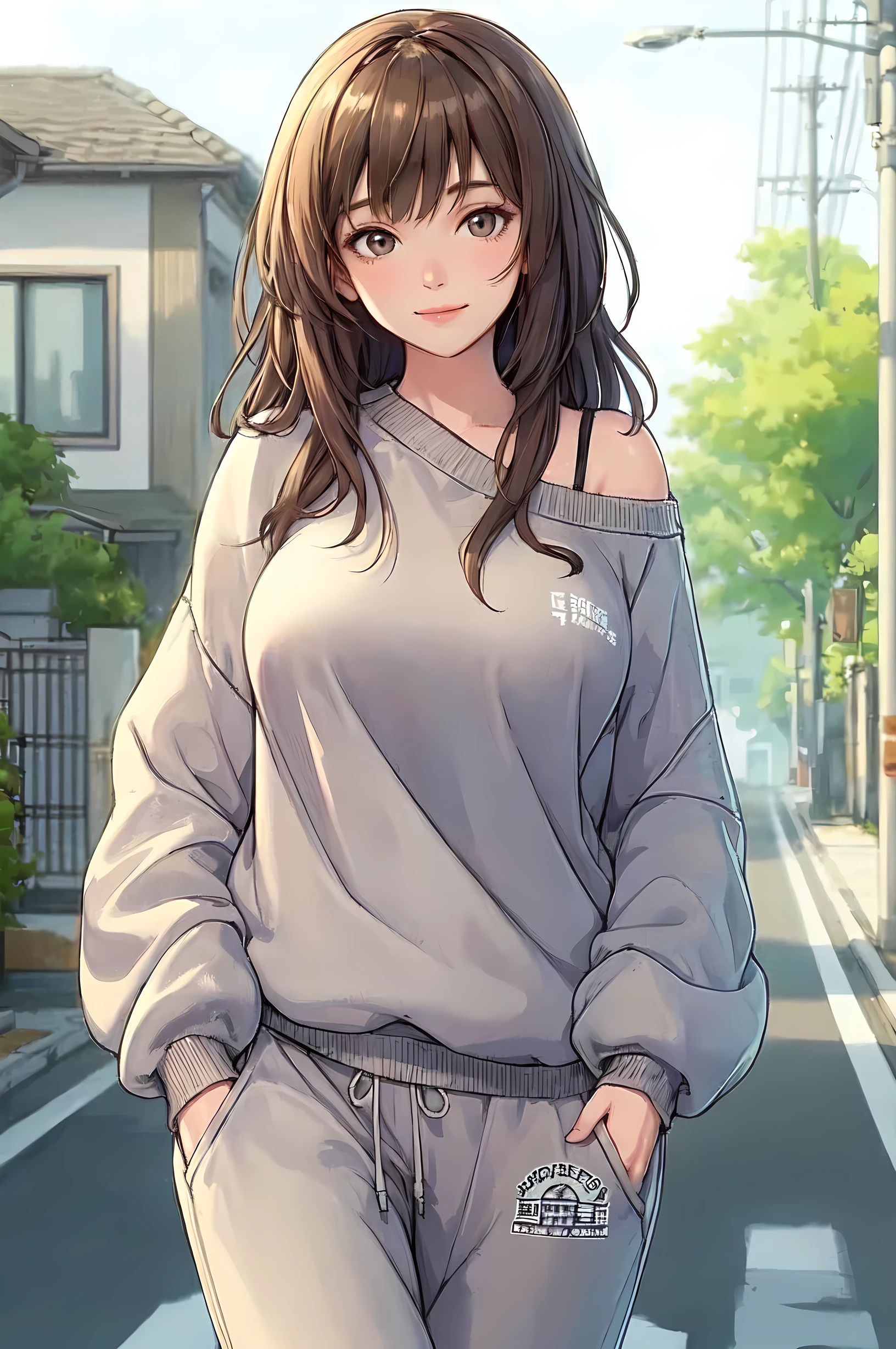 1lady solo, (walking slowly), (sweatshirt) (sweatpants), mature female, /(light brown hair/) bangs, light smile, (masterpiece best quality:1.2) delicate illustration ultra-detailed, large breasts BREAK (quiet residential street) outdoors, noon, detailed background