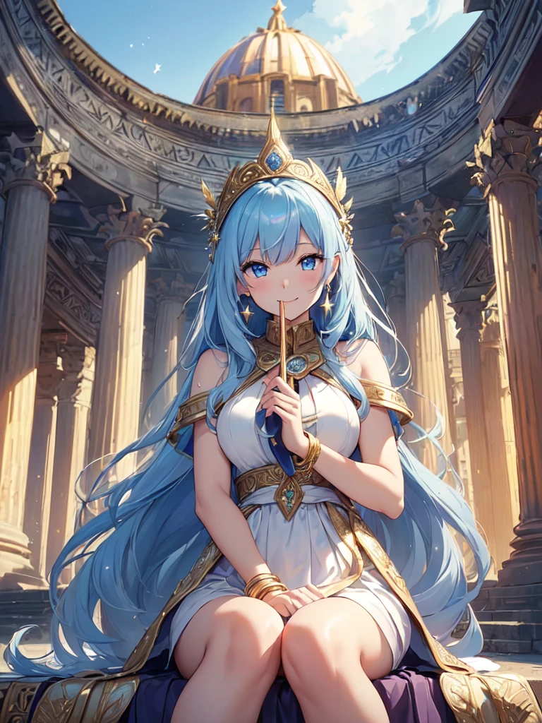 top-quality、Top image quality、masterpiece、The season is autumn、girl with((20yr old、Best Bust、big bast、Bust 90,Beautiful blue eyes、,brown long hair、A slender、feathers、In beautiful dresses of various colors、a closeup、sitting on、magic harp、Gold ring on wrist、hiquality、Beautiful Art、Background Marble pillars、temple、Pantheon、Hagia sophia、Rome with((starrysky)))masutepiece、visualart、depth of fields、sky at night、、 、low angles、A sexy、Feathers glow in iridescent colors、light magic、in beautiful woods、Big treeid night、Flute melodies🎵、Fun Concerts、Happy smile、Gentle light、Magic Palace 花、