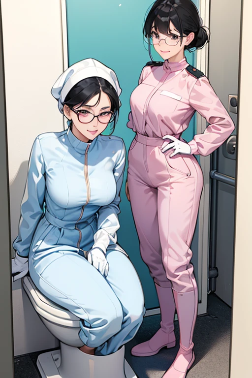 Wearing large pink rubber gloves, white rubber boots and a white cloth wrapped around her head、Two black-haired, bespectacled mature women in blue long-sleeved jumpsuits cleaning a dirty public toilet with a gentle smile