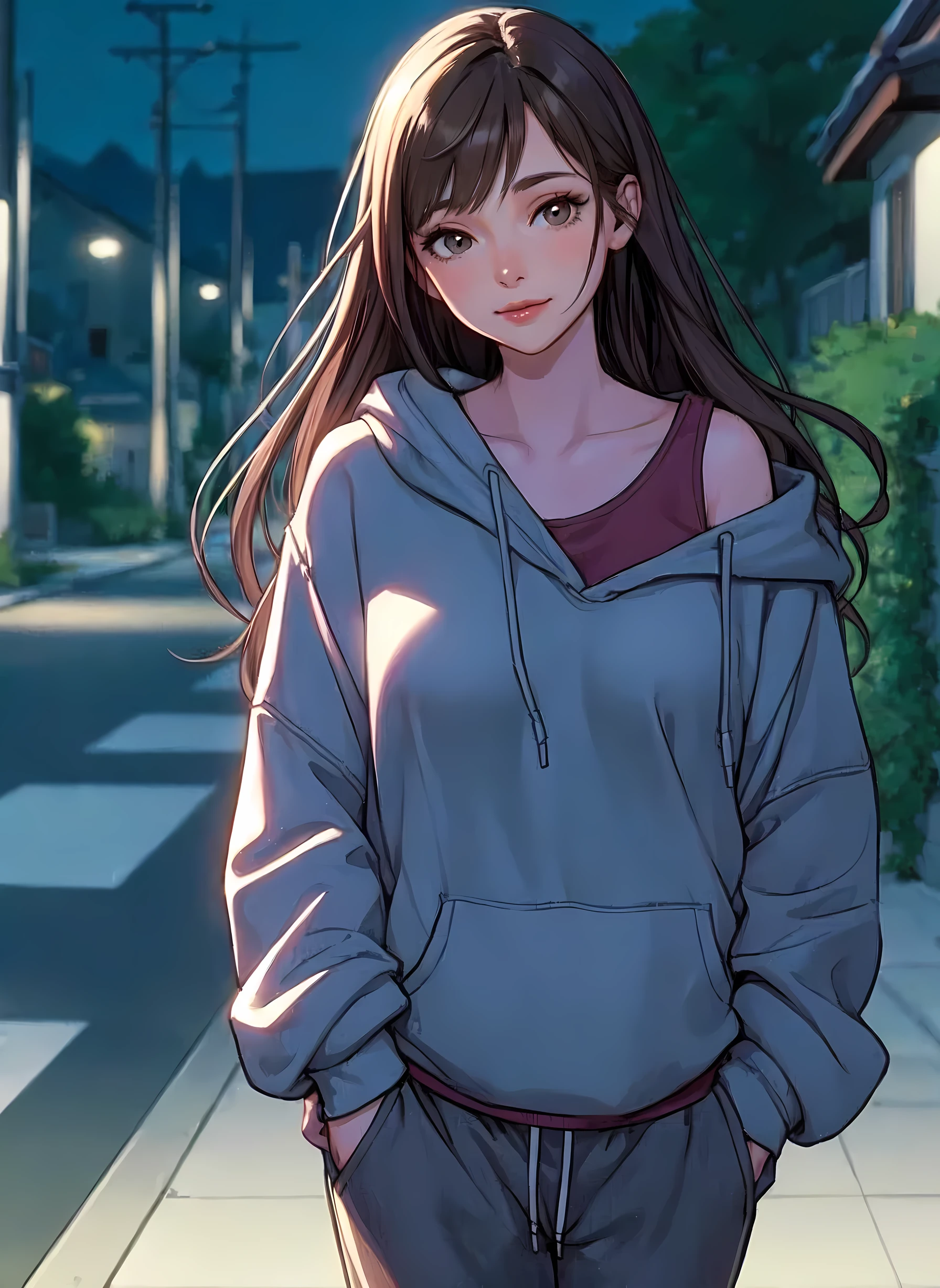 1lady solo, (walking slowly), (sweatshirt) (sweatpants), mature female, /(gray brown hair/) bangs, (light smile:0.8), (masterpiece best quality:1.2) delicate illustration ultra-detailed, large breasts BREAK (quiet residential street) outdoors, night, detailed background