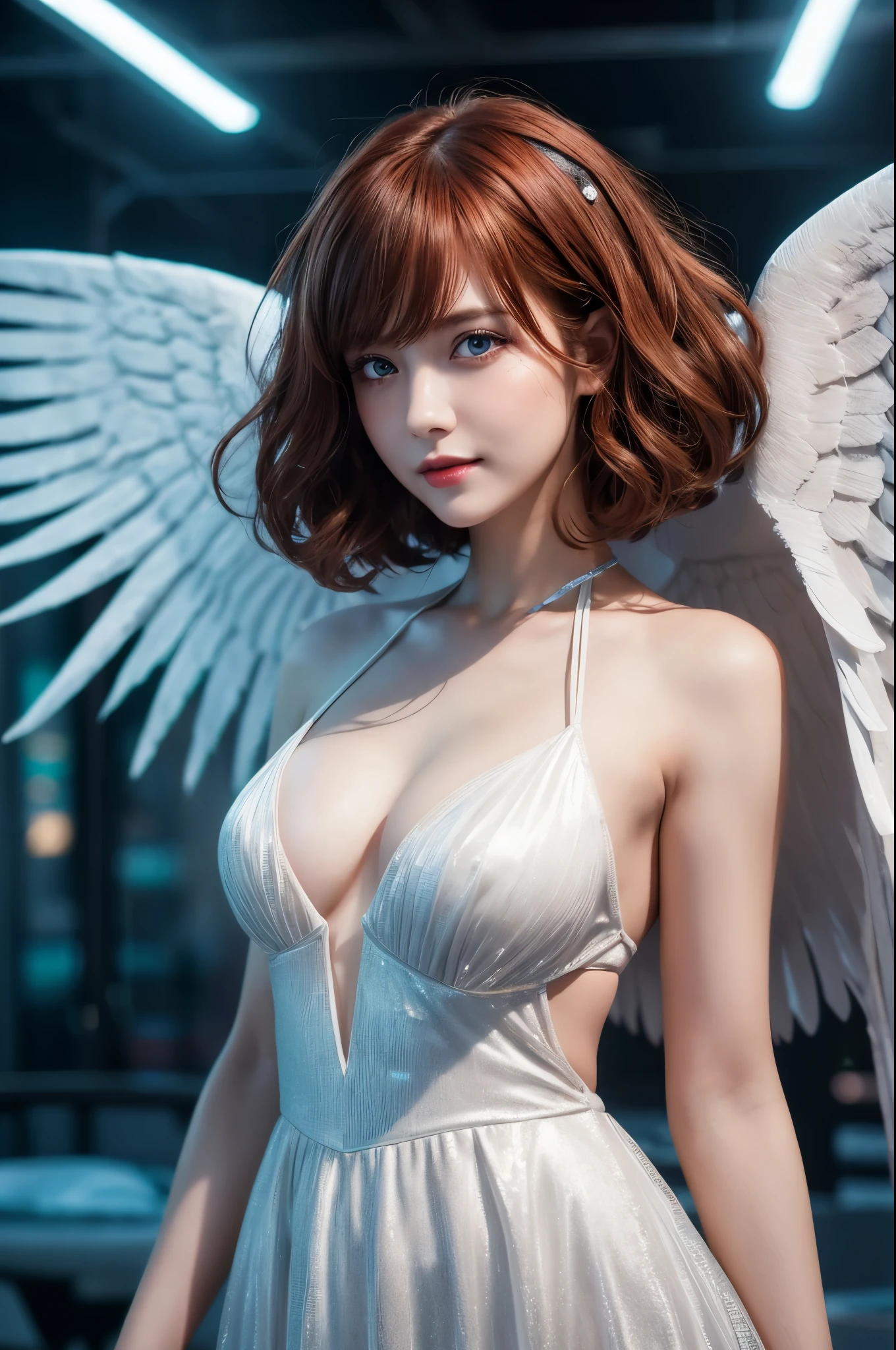 8k,White-winged angel flying in the moonlight,Super Beauty(Like the real thing),天使の白いLong dress,Beautiful smile,Highly detailed illustration, Ultra-high resolution, masterpiece, highest quality, Perfect glowing skin, Perfect lighting, Detailed lighting, Dramatic Shadows, Ray Tracing, Looking at the audience, Small breasts, Beautifully detailed hazel eyes, Sharp Face, Clear Eyes, Red lips, Long bangs, Short Curly Hair, Redhead, ((Cyberpunk Dark City)), Upper Body, Red combat uniform, Military Harness,masterpiece,highest qualityのフォトリアリスティックなRAW写真。Bright colors,Rich colors, Backlight, Cinema Lighting, Film Grain, to be born, 50mm lens, Nikon D850,Detailed character art,Fantasy art,Ultra-high resolution,Ultra-Realistic Skin,Perfect hand shape,Big white wings,blonde,blue eyes,Long dress,Fantastic landscape,
