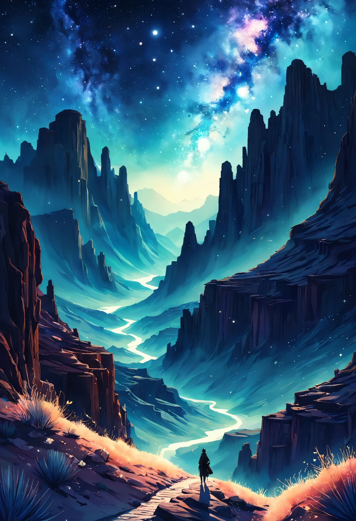 "a desert canyon made of stars on a starry night" double exposure collage art watercolor illustration, sharp contrast, fantasy, hdr, vibrant, surrealism, hyperdetailed, hypermaximalist illustration by Meg Chikhani, Victo Ngai, Rlon, Andreas Lie, Android Jones, by artist "anime", Anime Key Visual, Japanese Manga, Pixiv, Zerochan, Anime art, Fantia