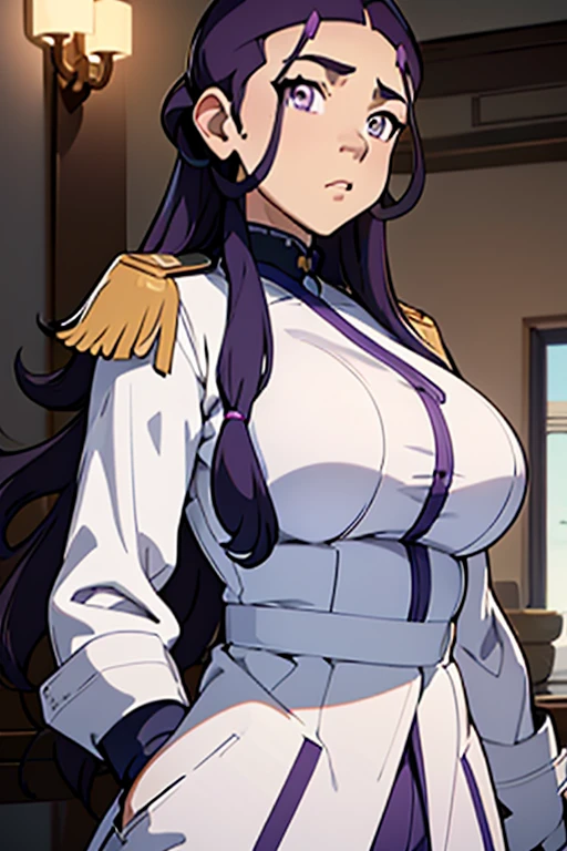 Katara, ((masterpiece)), ((best quality)), (white long coat), coat on shoulders,white navy soldier uniform ,(epaulettes), purple shirt, blue pants, upper body, looking at viewer, large breasts ,(hd), (full body shot), (high resolution)