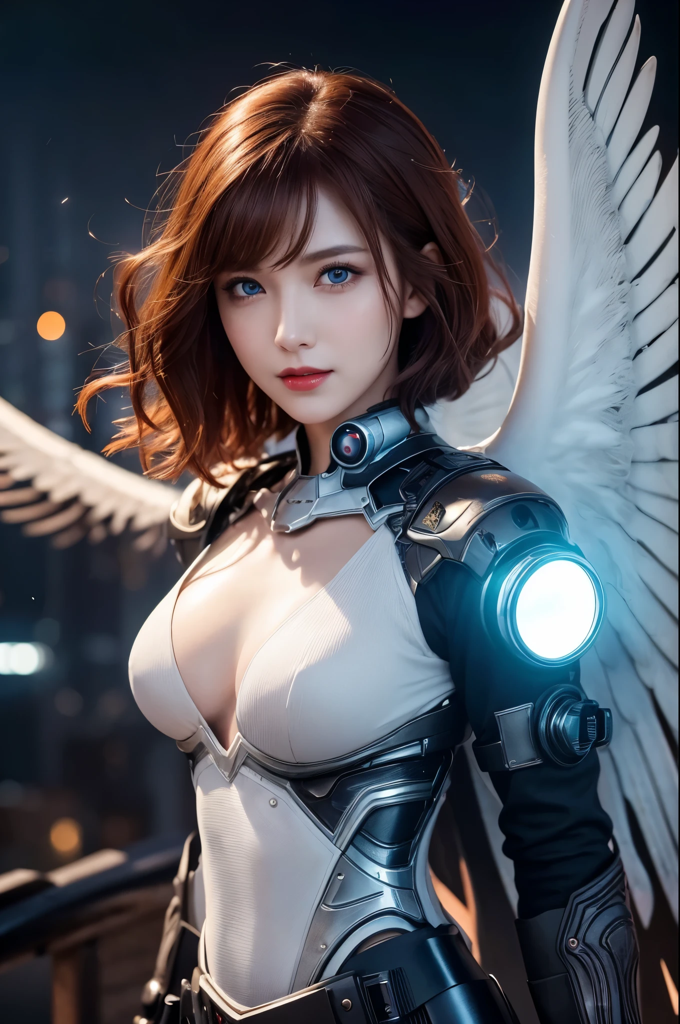 8k,White-winged angel flying in the moonlight,Super Beauty(Like the real thing),天使の白いLong dress,Beautiful smile,Highly detailed illustration, Ultra-high resolution, masterpiece, highest quality, Perfect glowing skin, Perfect lighting, Detailed lighting, Dramatic Shadows, Ray Tracing, Looking at the audience, Small breasts, Beautifully detailed hazel eyes, Sharp Face, Clear Eyes, Red lips, Long bangs, Short Curly Hair, Redhead, ((Cyberpunk Dark City)), Upper Body, Red combat uniform, Military Harness,masterpiece,highest qualityのフォトリアリスティックなRAW写真。Bright colors,Rich colors, Backlight, Cinema Lighting, Film Grain, to be born, 50mm lens, Nikon D850,Detailed character art,Fantasy art,Ultra-high resolution,Ultra-Realistic Skin,Perfect hand shape,Big white wings,blonde,blue eyes,Long dress,Fantastic landscape,