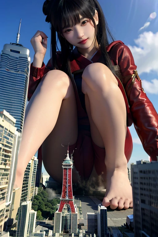 a korean woman wearing red bikini look, whose height is 10000000 kilometers, at the nano-sized miniature endless city of micro-sized endless continent world, she kneel down on top of a lot of nano-sized buildings which are much smaller than her, she feel happy and enjoy