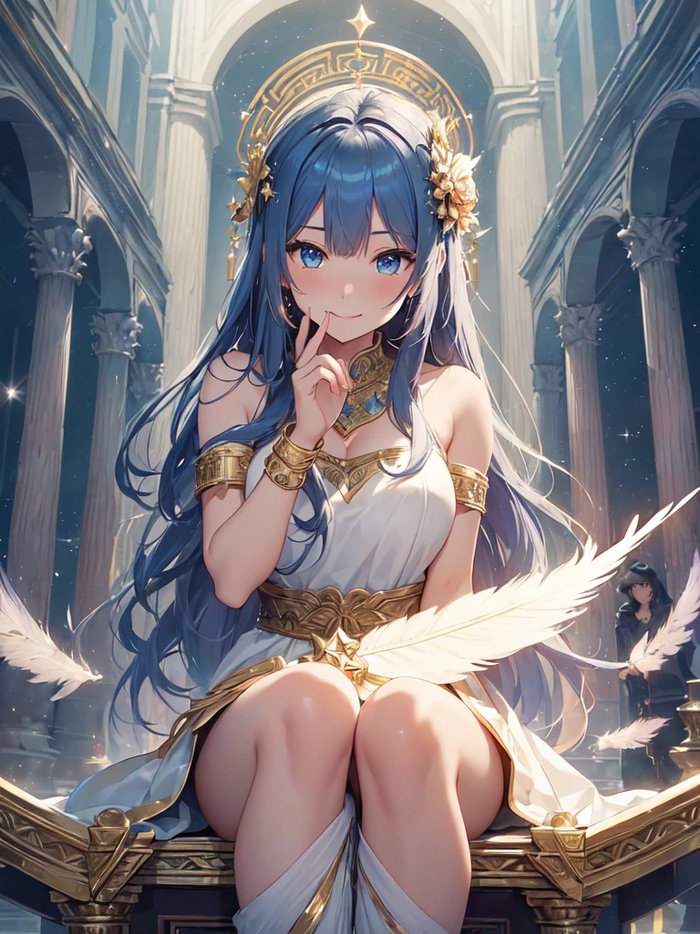top-quality、Top image quality、masterpiece、The season is autumn、girl with((20yr old、Best Bust、big bast、Bust 90,Beautiful blue eyes、,brown long hair、A slender、feathers、In beautiful dresses of various colors、toga、a closeup、sitting on、magic harp、Gold ring on wrist、hiquality、Beautiful Art、Background Marble pillars、temple、Pantheon、Hagia sophia、Rome with((starrysky)))masutepiece、visualart、depth of fields、sky at night、、 、low angles、A sexy、Feathers glow in iridescent colors、light magic、in beautiful woods、Big treeid night、Flute melodies🎵、Fun Concerts、Happy smile、Gentle light、Magic Palace 花、