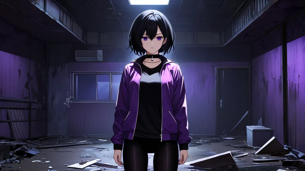 (Horor Abandoned Mess Room background:1.1) Tomboy Girl, Smart, Mature, Sexy, Short black hair, Black Plain chokers, purple pupil eyes, Wearing sleek black spandex under short purple jacket, Intimidate, Confident, no fear, Stand, dark Pitch-black in the middle of the night with no moonlight room, abandoned mess horor room, midnight.