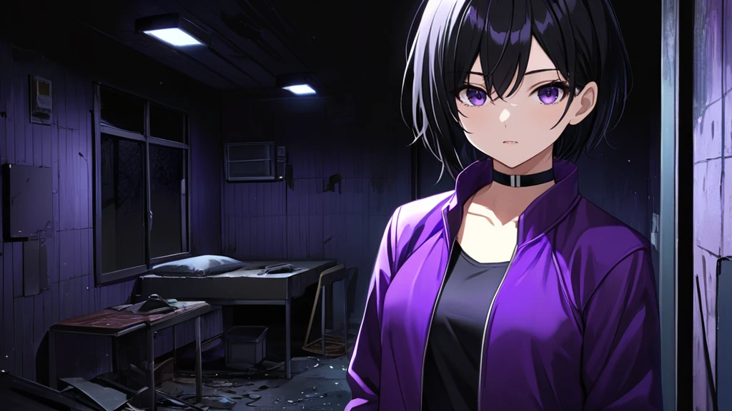 (Horor Abandoned Mess Room background:1.1) Tomboy Girl, Smart, Mature, Sexy, Short black hair, Black Plain chokers, purple pupil eyes, Wearing sleek black spandex under short purple jacket, Intimidate, Confident, no fear, Stand, dark Pitch-black in the middle of the night with no moonlight room, abandoned mess horor room, midnight.