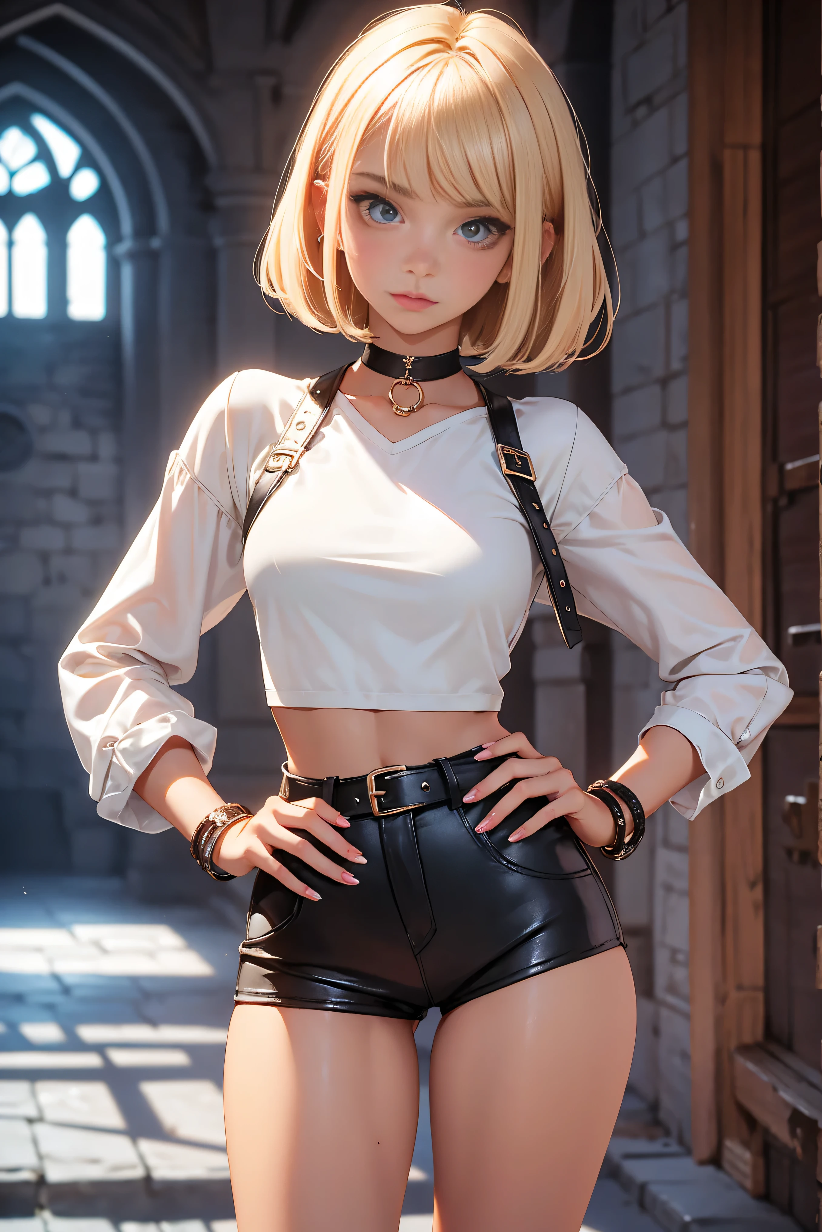 Teenage girl 20 years old, model, blonde, bob hairstyle, bangs, makeup, manicure, very tanned, crop sleeve shirt, very short mini shorts, bracelets, choker, belt, beautiful long legs, beautiful thigh line, hands on hips, flirty posing, dungeon, haunted castle, aesthetics, top quality