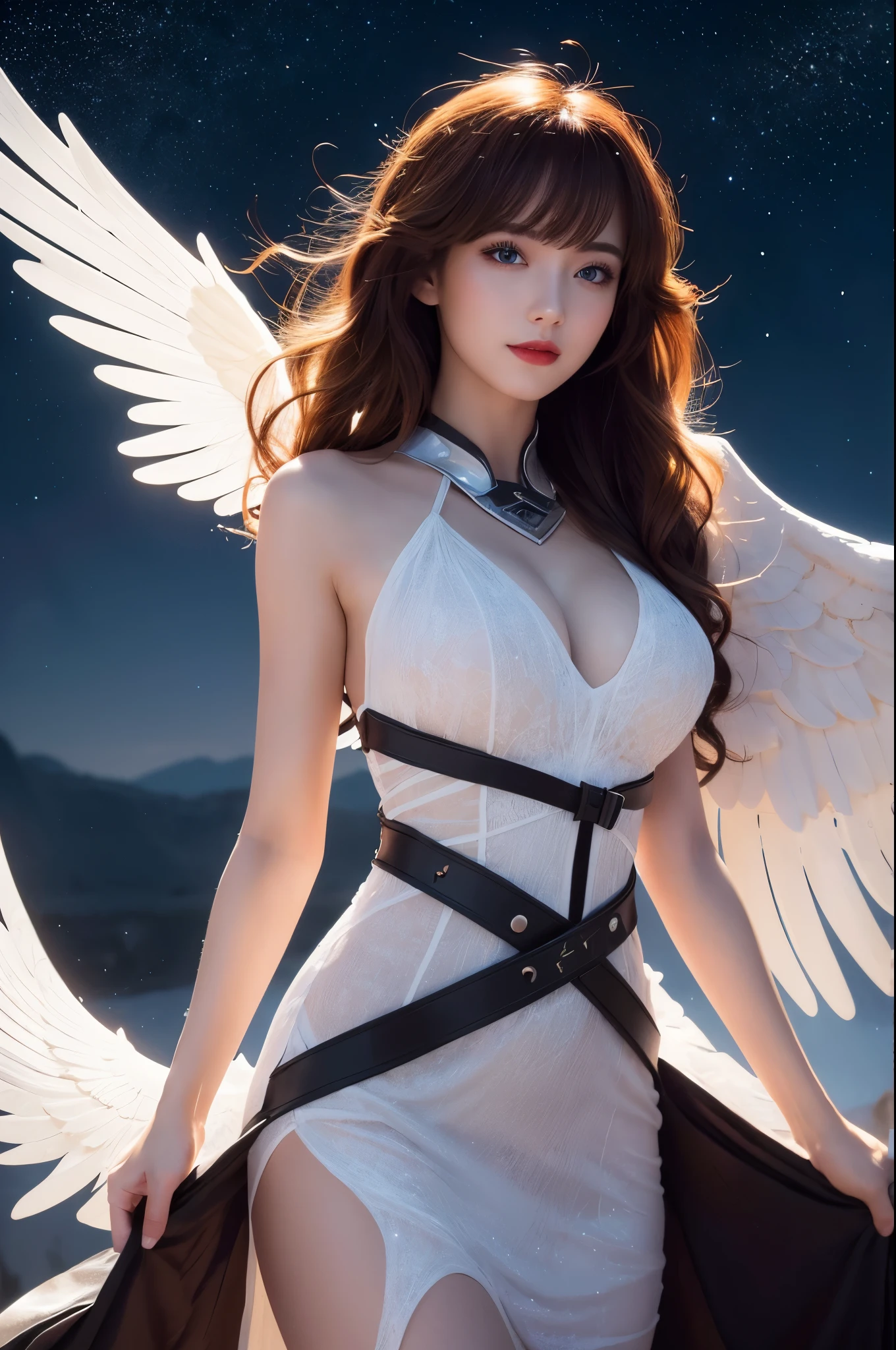 8k,White-winged angel flying in the moonlight,Super Beauty(Like the real thing),Angel white robe,Beautiful smile,Highly detailed illustration, Ultra-high resolution, masterpiece, highest quality, Perfect glowing skin, Perfect lighting, Detailed lighting, Dramatic Shadows, Ray Tracing, Looking at the audience, Small breasts, Beautifully detailed hazel eyes, Sharp Face, Clear Eyes, Red lips, Long bangs, Short Curly Hair, Redhead, ((Moonlit night sky)), Upper Body, Red combat uniform, Military Harness,masterpiece,highest qualityのフォトリアリスティックなRAW写真。Bright colors,Rich colors, Backlight, Cinema Lighting, Film Grain, to be born, 50mm lens, Nikon D850,Detailed character art,Fantasy art,Ultra-high resolution,Ultra-Realistic Skin,Perfect hand shape,Big white wings,blonde,blue eyes,Long dress,Fantastic landscape,Countless angel wings flutter,