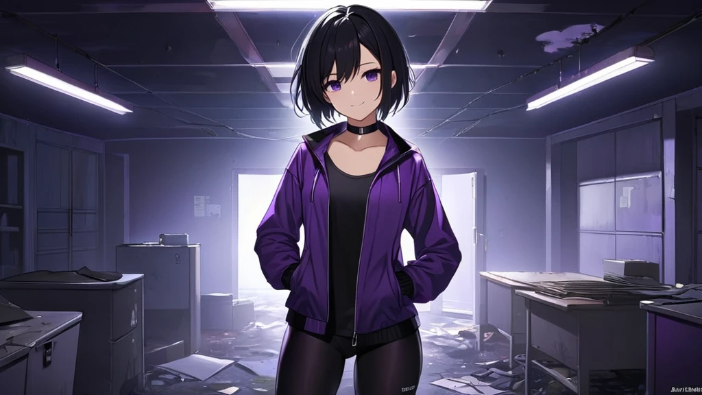 (Horor Abandoned Mess Room background:1.1) Tomboy Girl, Smart, Mature, Sexy, Short black hair, Black Plain chokers, purple pupil eyes, Wearing sleek black spandex under short purple jacket, Smiling menacingly, Intimidate, Confident, no fear, Stand, dark Pitch-black in the middle of the night with no moonlight room, abandoned mess horor room, midnight.