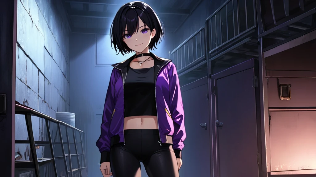 (Horor Abandoned Mess Room background:1.1) Tomboy Girl, Smart, Mature, Sexy, Short black hair, Black Plain chokers, purple pupil eyes, Wearing sleek black spandex under short purple jacket, Smiling menacingly, Intimidate, Confident, no fear, Stand, dark Pitch-black in the middle of the night with no moonlight room, abandoned mess horor room, midnight.
