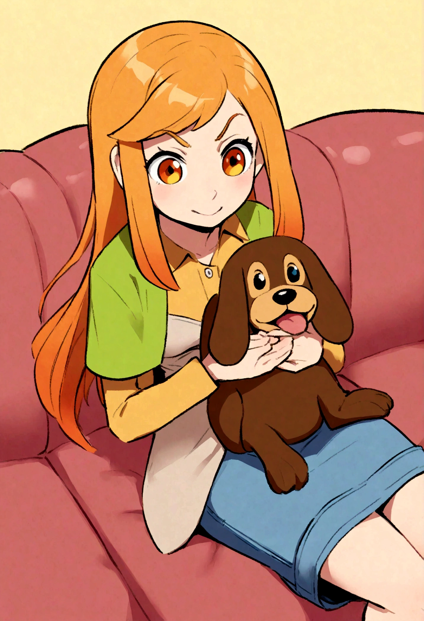 morena estilo desenho animado, Pixar, Holding a medium sized caramel dog, roupa da marca Levis, sitting on a sofa